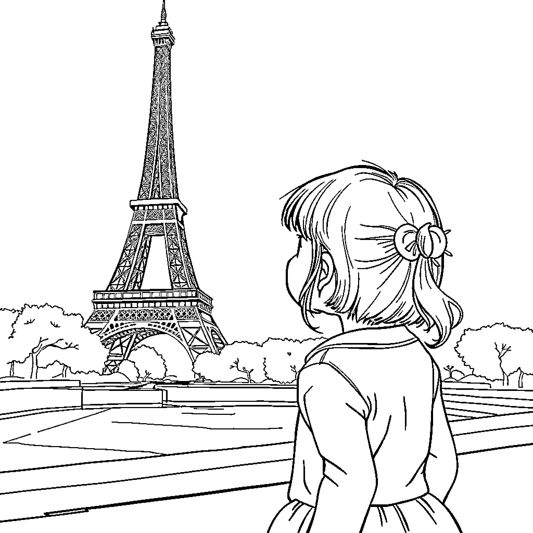 Girl gazes at iconic Eiffel Tower in Paris Coloring Page (free black-and-white line drawing printable PDF for all, from beginners to advanced learners, including children, teens, adults, and seniors)
