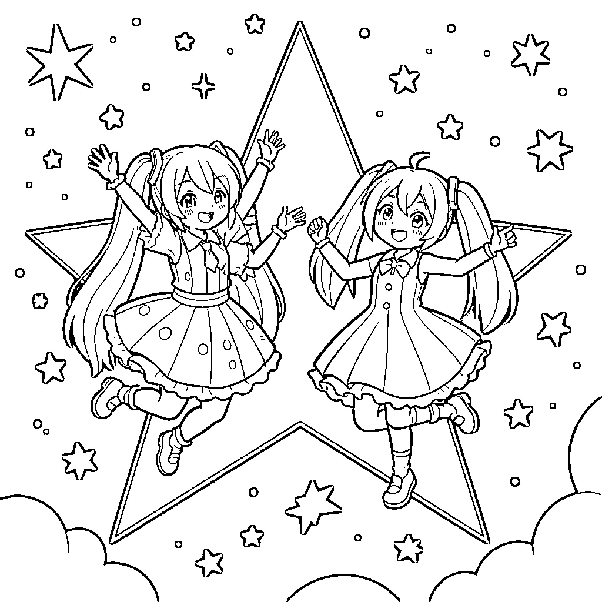 Hatsune Miku and Hatsune Luka Performing on Stage Coloring Page (free black-and-white line drawing printable PDF for all, from beginners to advanced learners, including children, teens, adults, and seniors)