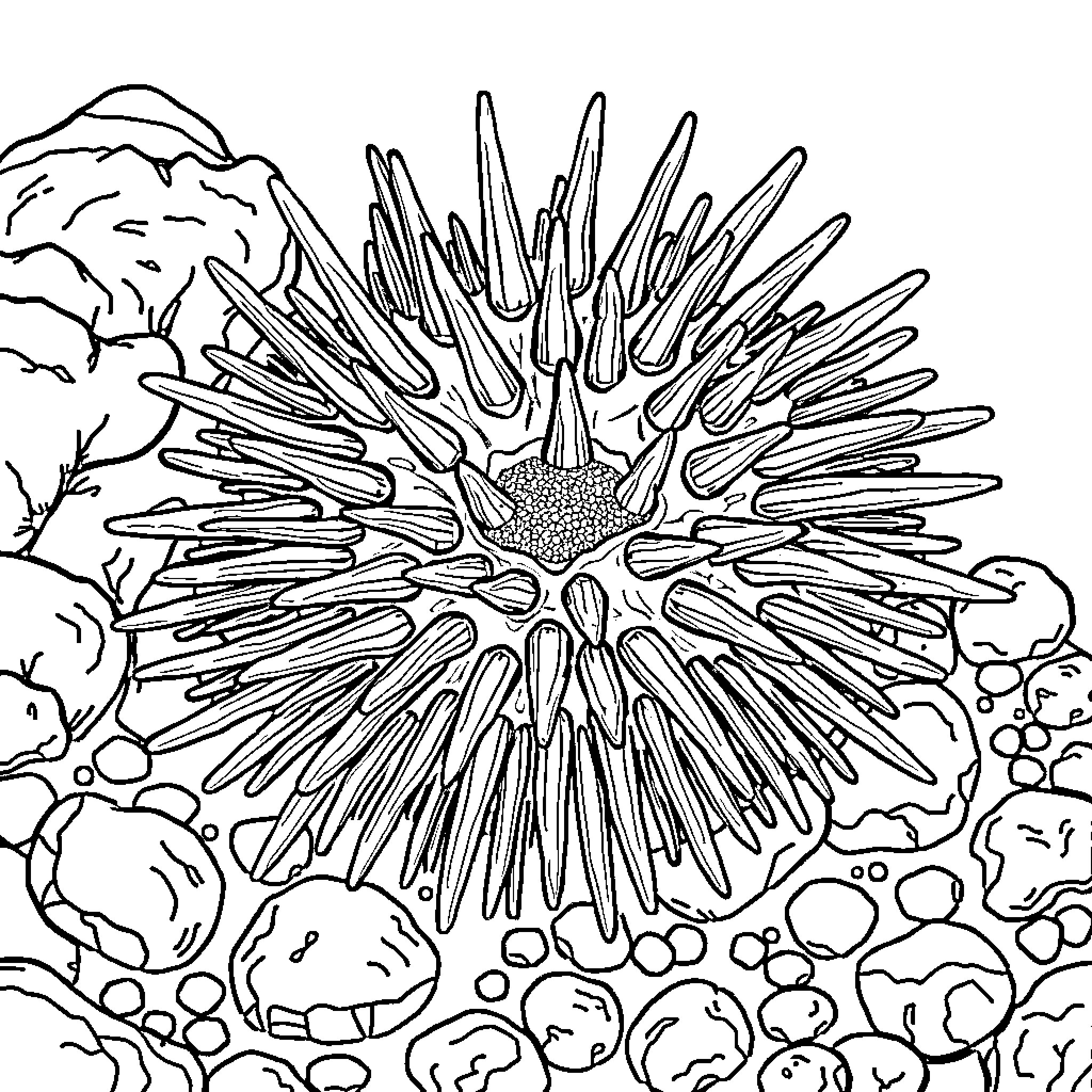 Sea Urchin with Intricate Spines and Underwater Elements Coloring Page (free black-and-white line drawing printable PDF for all, from beginners to advanced learners, including children, teens, adults, and seniors)