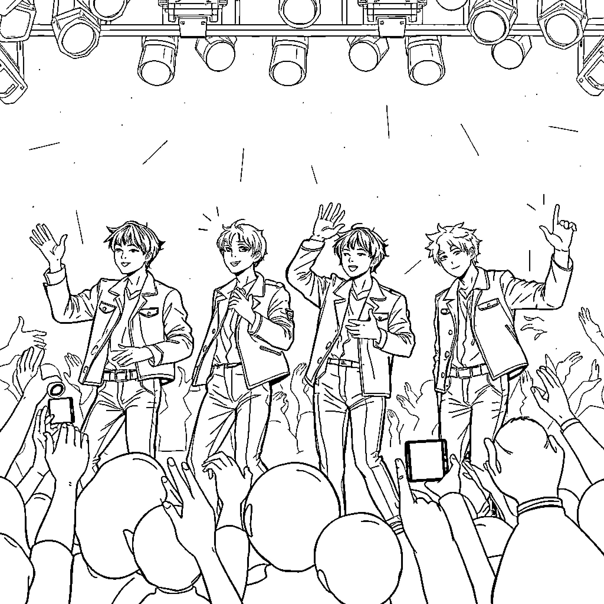 Saja Boys Performing on Stage Coloring Page (free black-and-white line drawing printable PDF for all, from beginners to advanced learners, including children, teens, adults, and seniors)