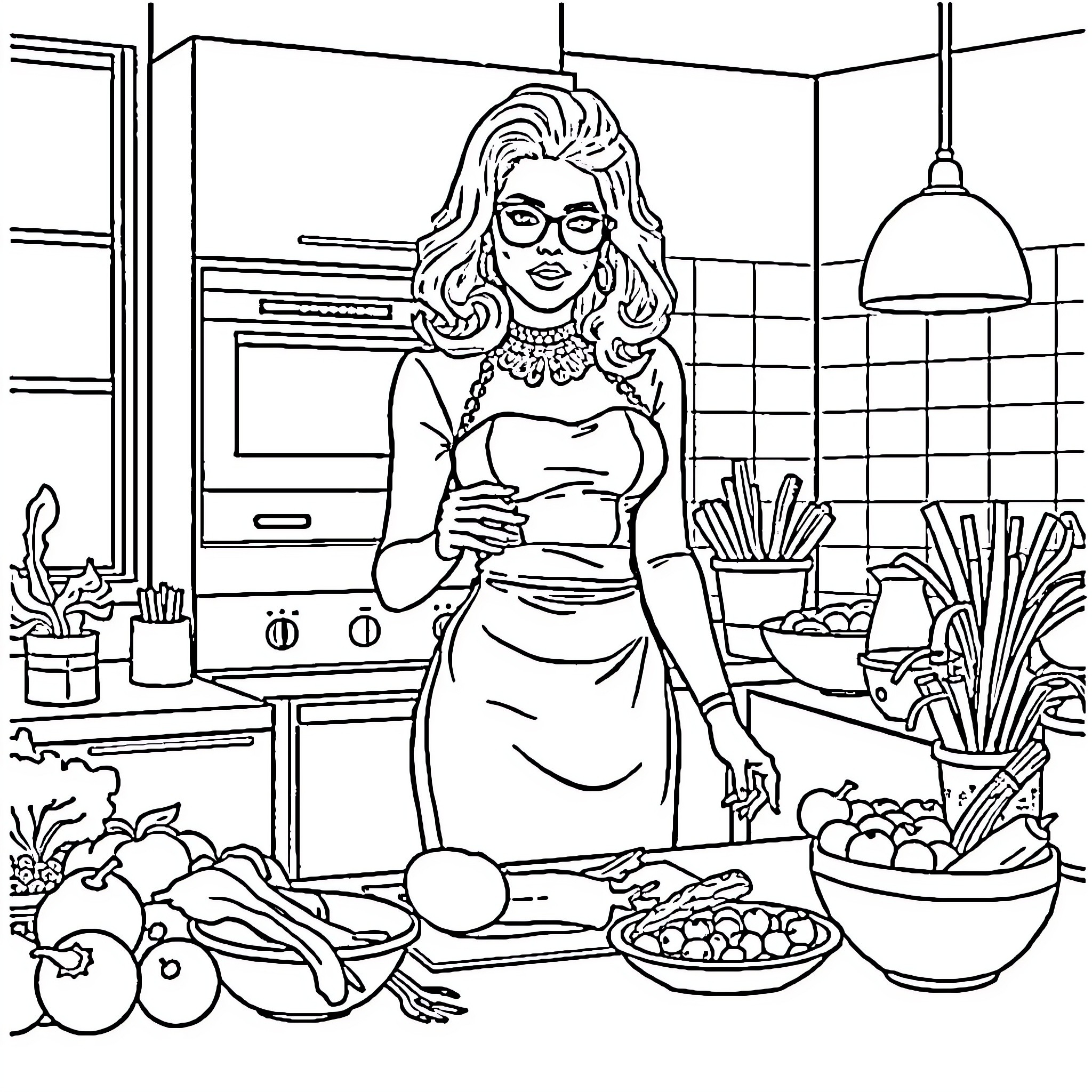 Lady Gaga cooking in a stylized kitchen Coloring Page (free black-and-white line drawing printable PDF for all, from beginners to advanced learners, including children, teens, adults, and seniors)