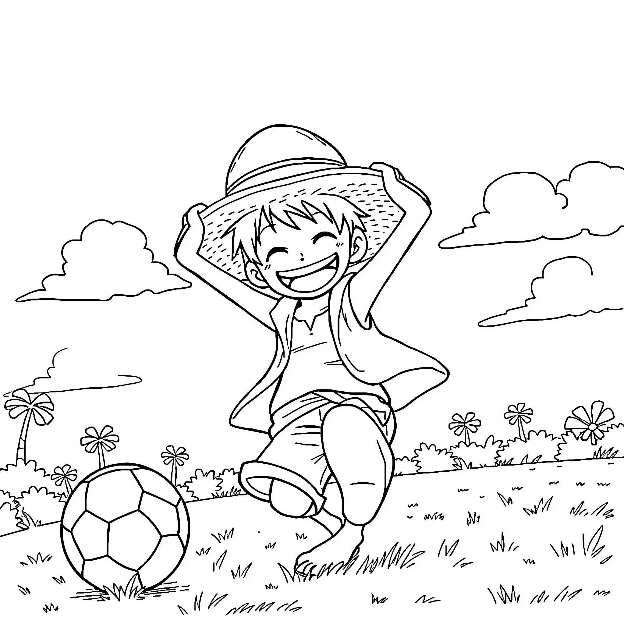 Luffy cheerfully playing soccer in the meadow Coloring Page (free black-and-white line drawing printable PDF for all, from beginners to advanced learners, including children, teens, adults, and seniors)