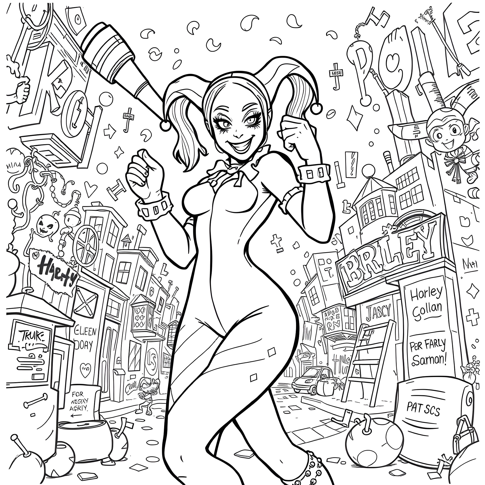 Harley Quinn's Joyful Antics in the City Coloring Page (free black-and-white line drawing printable PDF for all, from beginners to advanced learners, including children, teens, adults, and seniors)