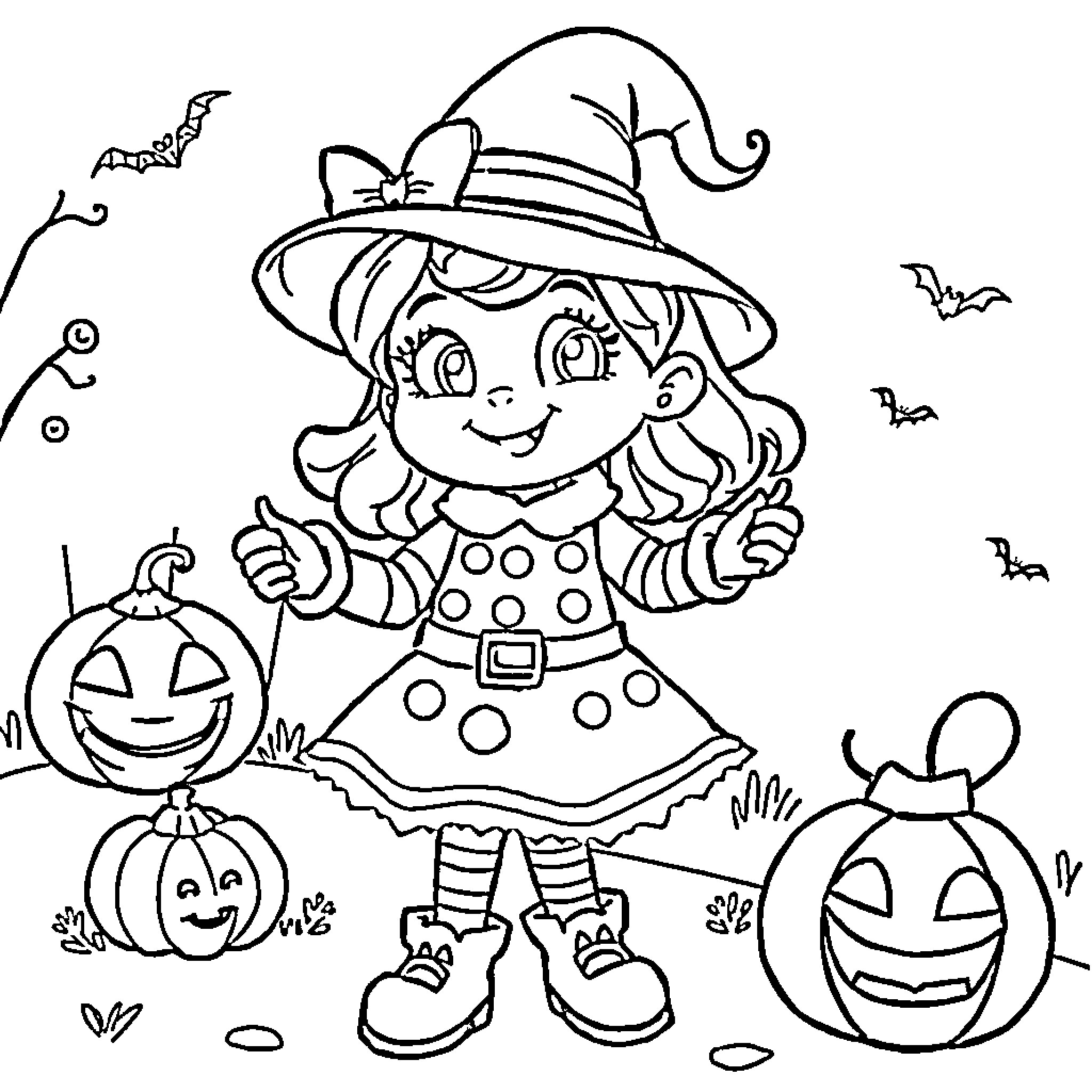 Lucia's Halloween Adventure Coloring Page (free black-and-white line drawing printable PDF for all, from beginners to advanced learners, including children, teens, adults, and seniors)