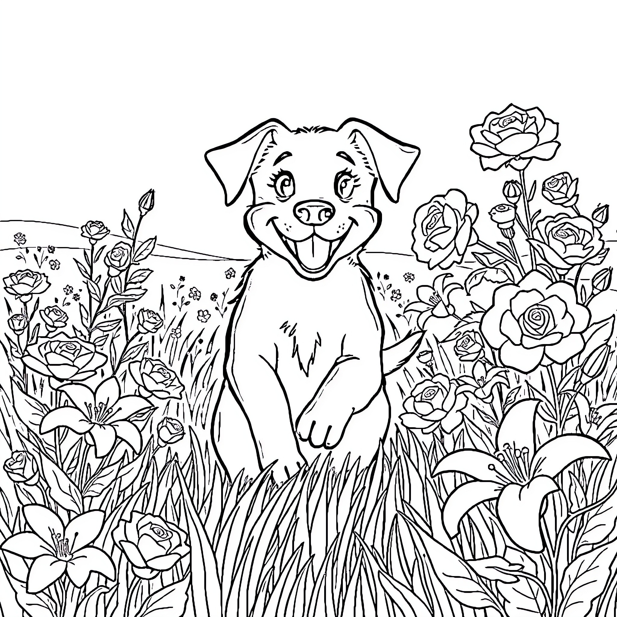 Bluey exploring a blooming floral garden Coloring Page (free black-and-white line drawing printable PDF for all, from beginners to advanced learners, including children, teens, adults, and seniors)