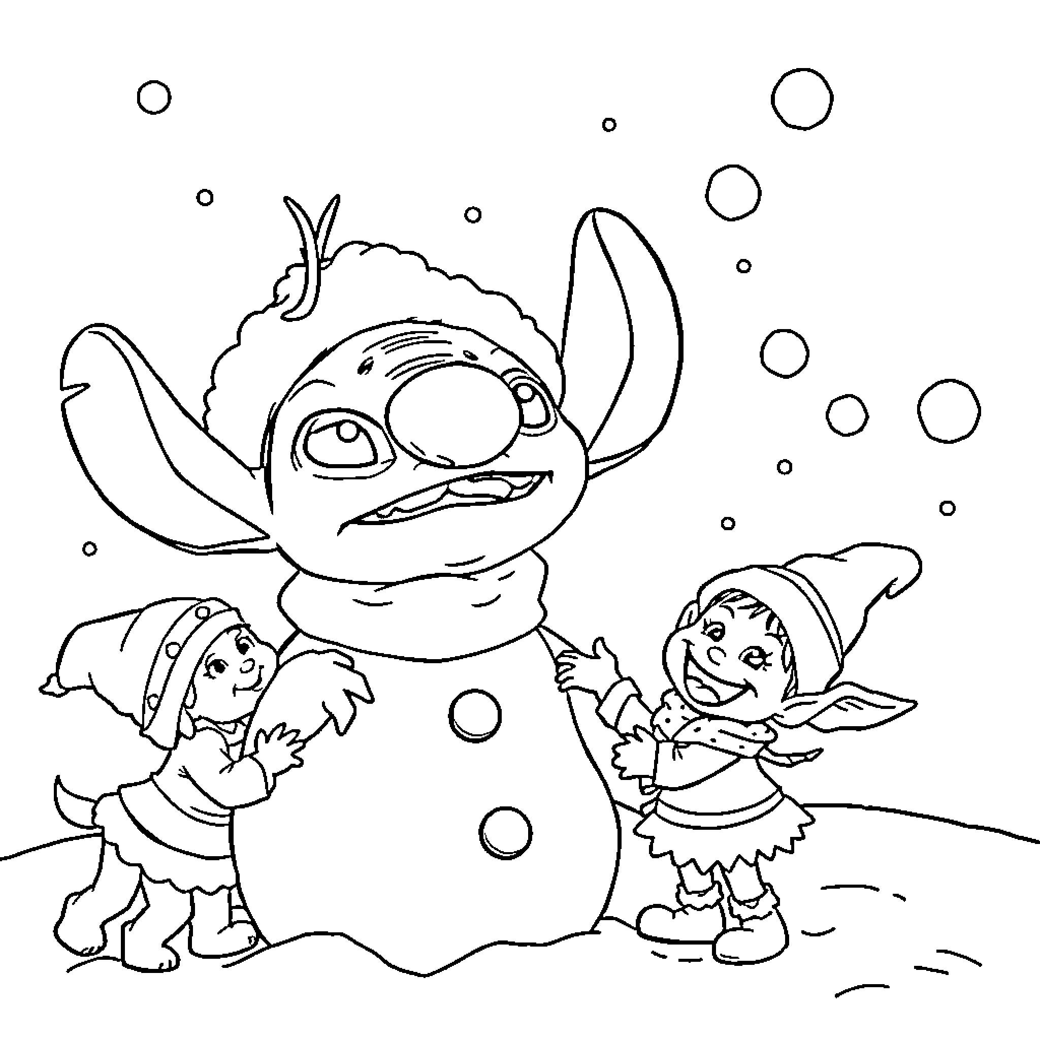 Stitch playing with elf in snowy scene Coloring Page (free black-and-white line drawing printable PDF for all, from beginners to advanced learners, including children, teens, adults, and seniors)