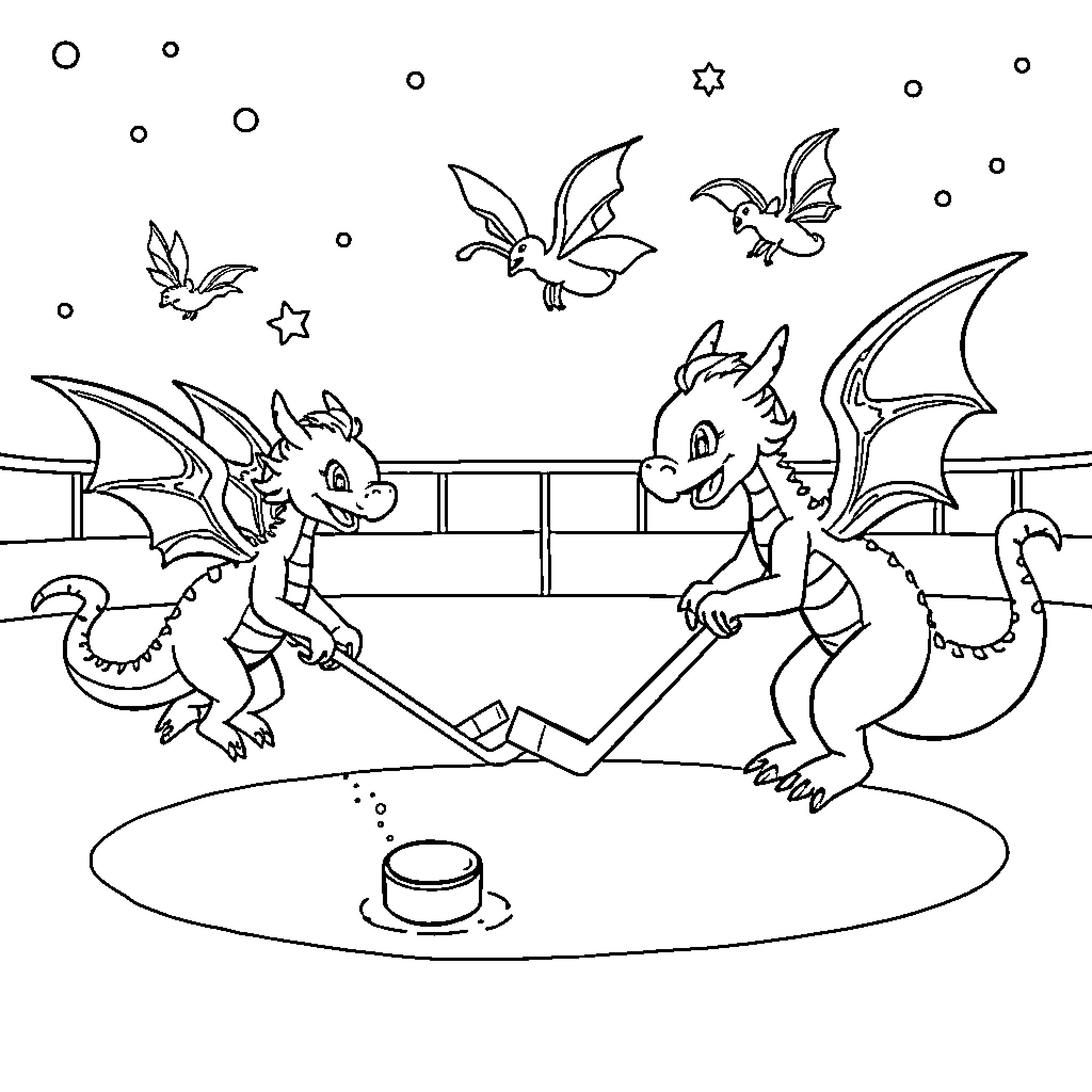 Dragon Friends Playing Hockey on Ice Rink Coloring Page (free black-and-white line drawing printable PDF for all, from beginners to advanced learners, including children, teens, adults, and seniors)