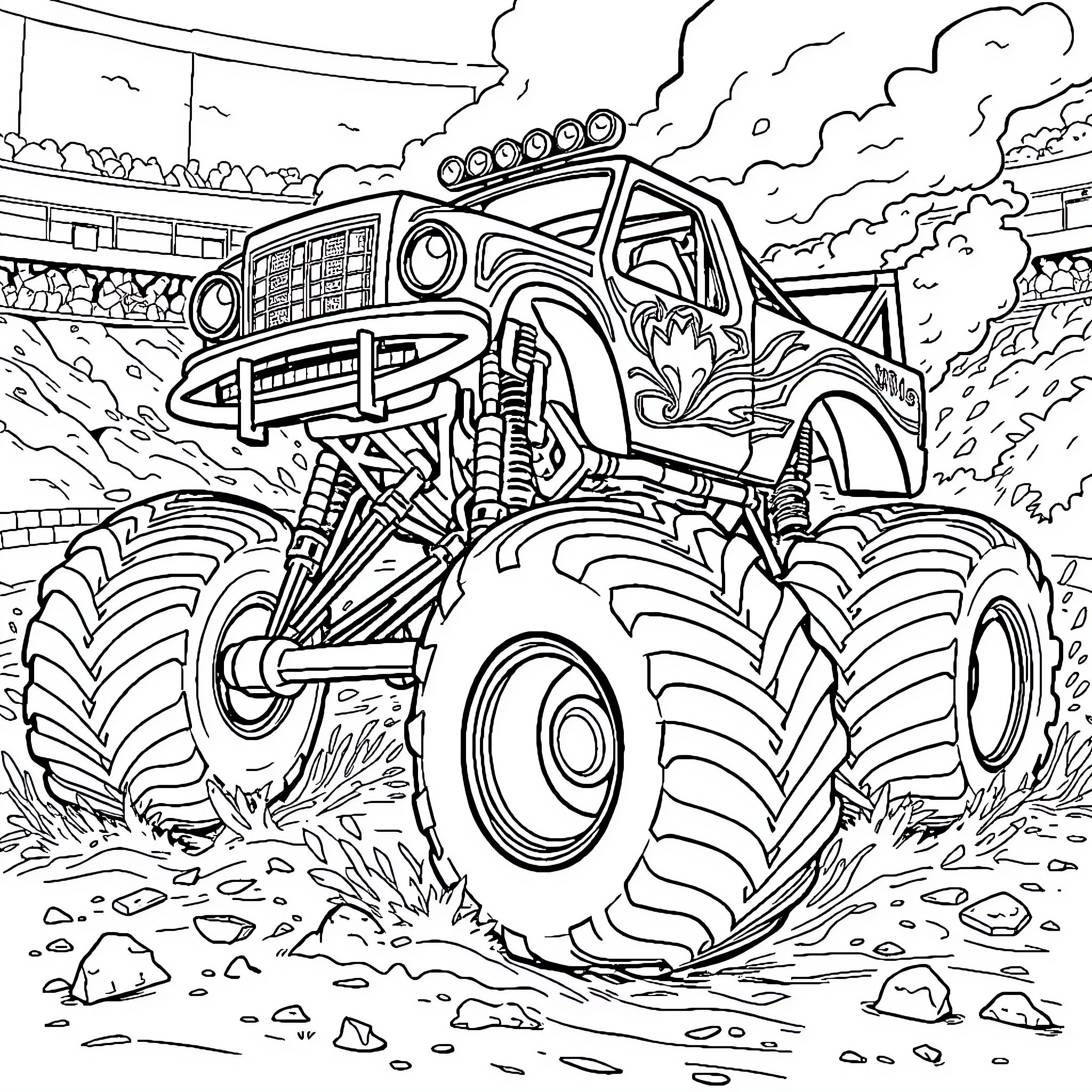 Monster Truck Crushing Through Rugged Terrain Coloring Page (free black-and-white line drawing printable PDF for all, from beginners to advanced learners, including children, teens, adults, and seniors)