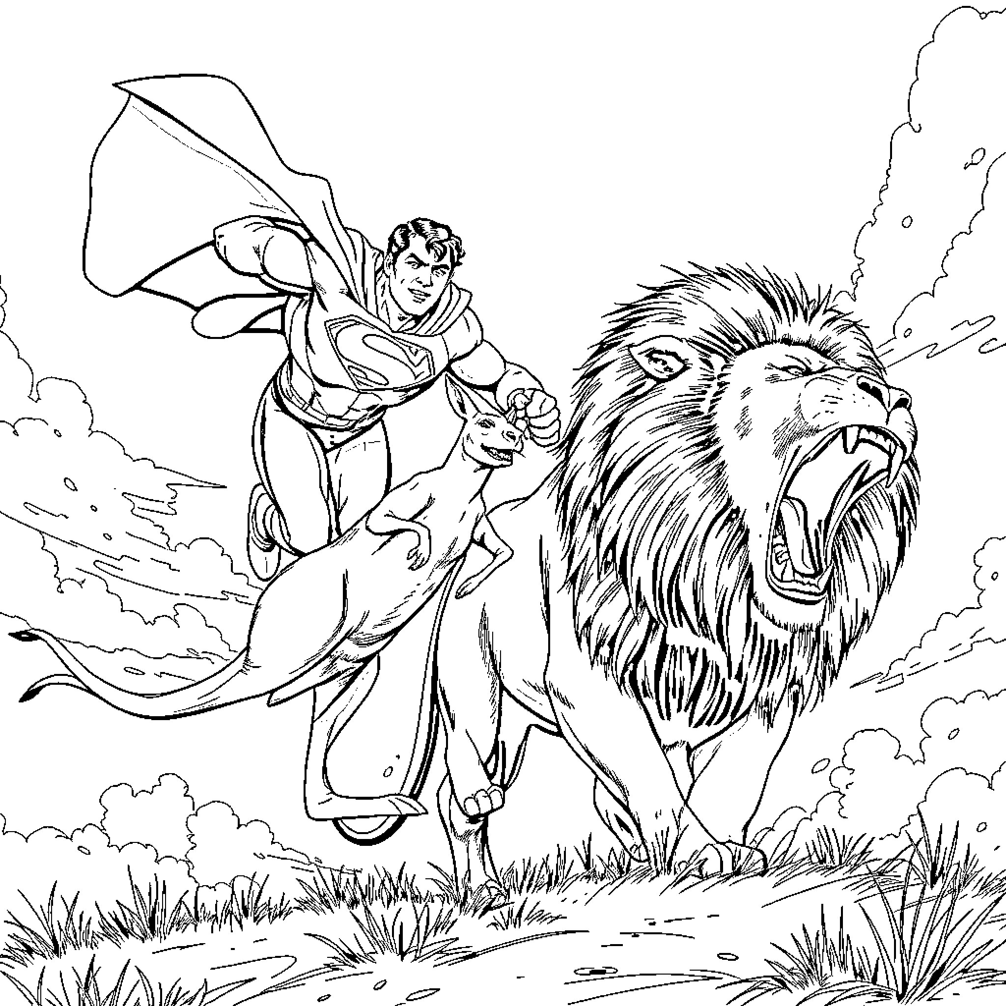 Superman fights ferocious lion in the wild Coloring Page (free black-and-white line drawing printable PDF for all, from beginners to advanced learners, including children, teens, adults, and seniors)