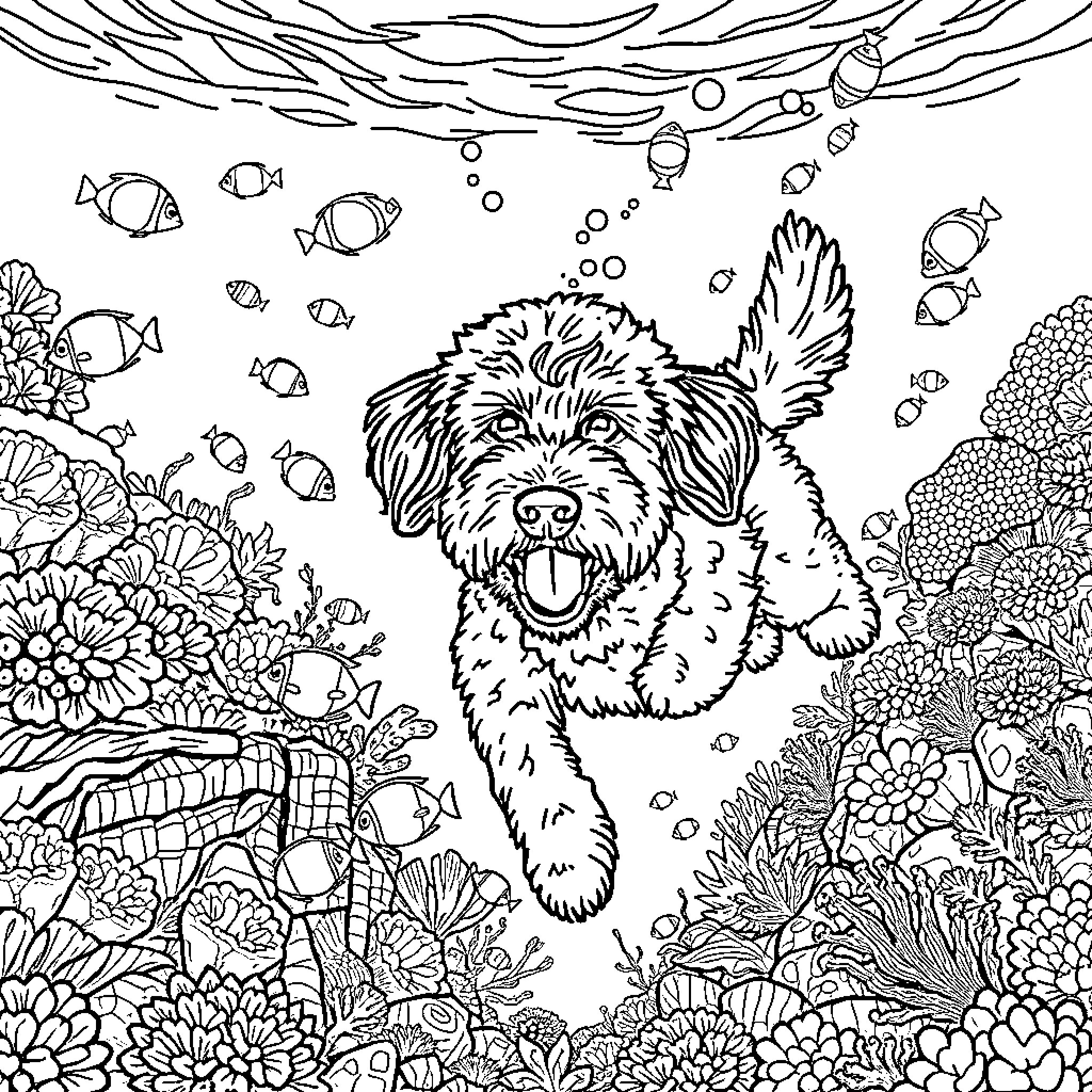 Labradoodle swimming happily in an underwater garden Coloring Page (free black-and-white line drawing printable PDF for all, from beginners to advanced learners, including children, teens, adults, and seniors)