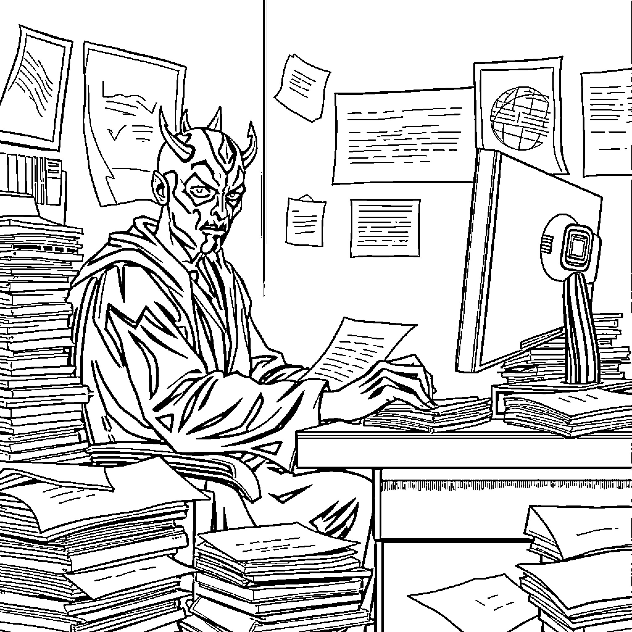 Darth Maul working diligently in his office Coloring Page (free black-and-white line drawing printable PDF for all, from beginners to advanced learners, including children, teens, adults, and seniors)