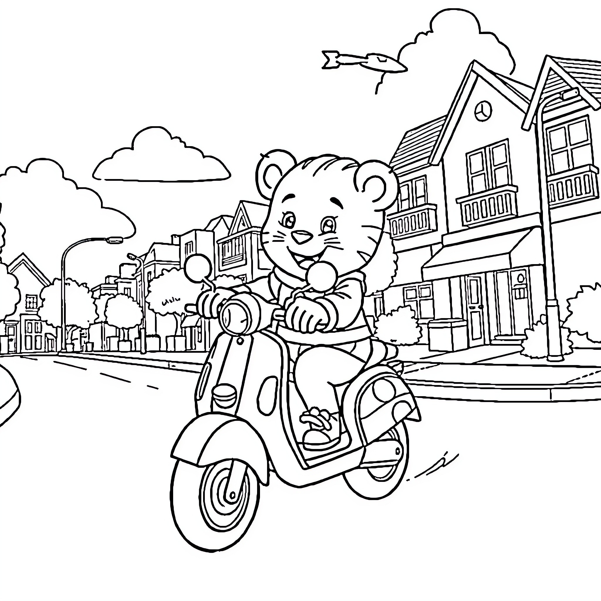 Daniel Tiger riding a scooter in the city Coloring Page (free black-and-white line drawing printable PDF for all, from beginners to advanced learners, including children, teens, adults, and seniors)