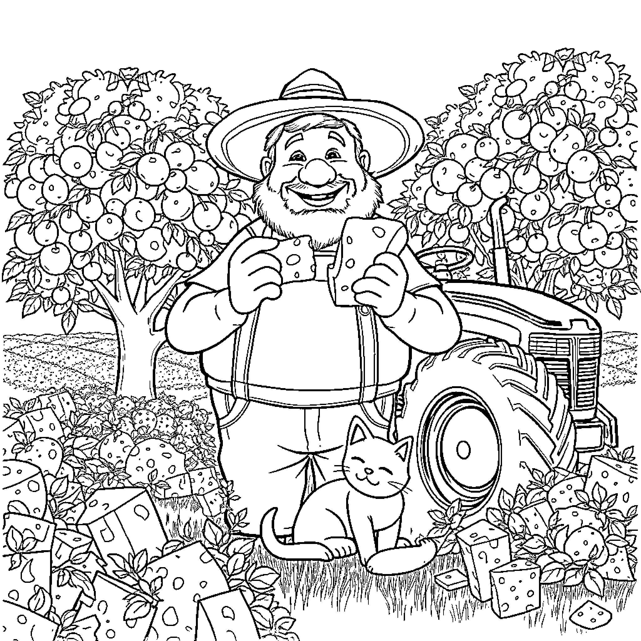 Cheese farmer harvesting a bountiful crop Coloring Page (free black-and-white line drawing printable PDF for all, from beginners to advanced learners, including children, teens, adults, and seniors)