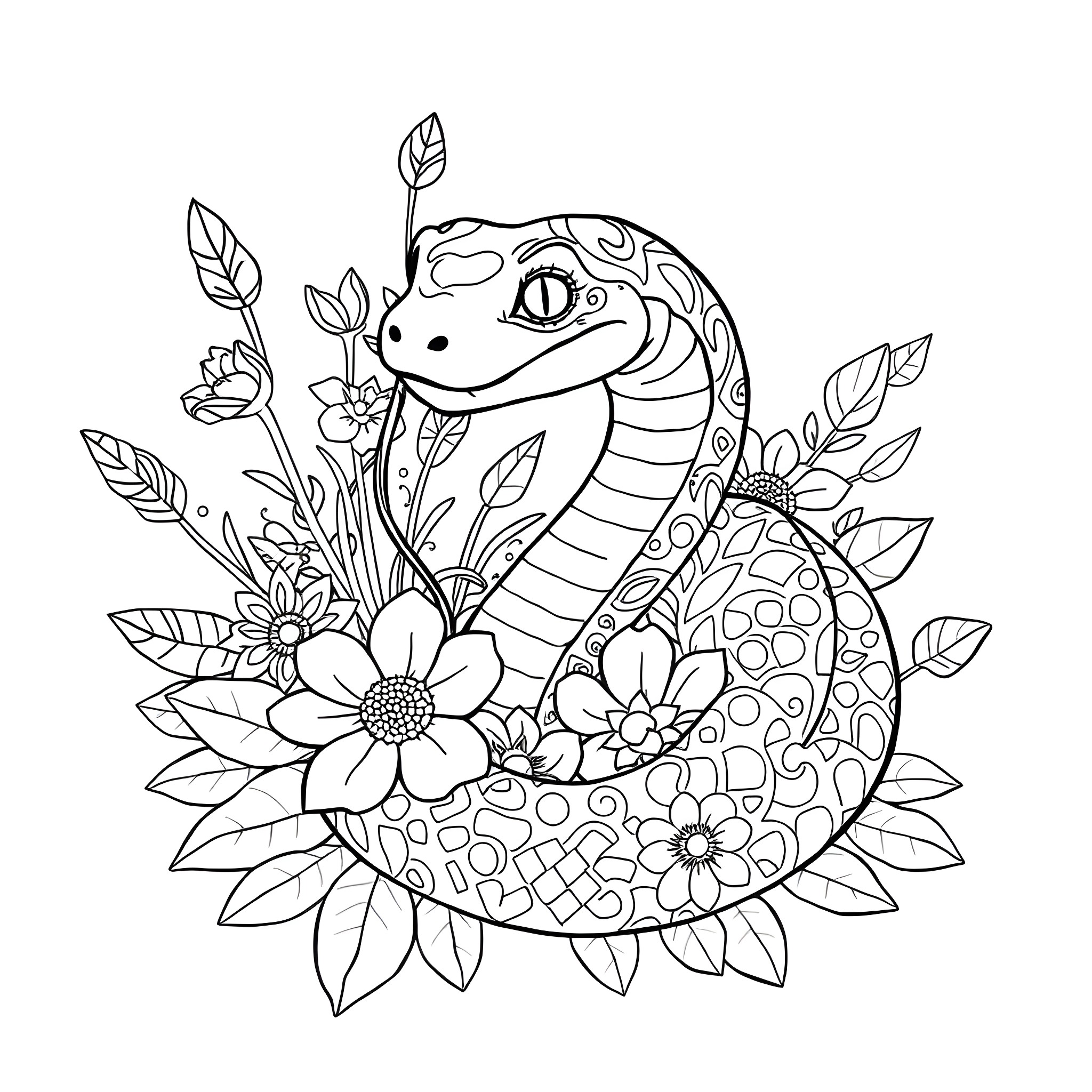 Snake surrounded by beautiful flowers Coloring Page (free black-and-white line drawing printable PDF for all, from beginners to advanced learners, including children, teens, adults, and seniors)