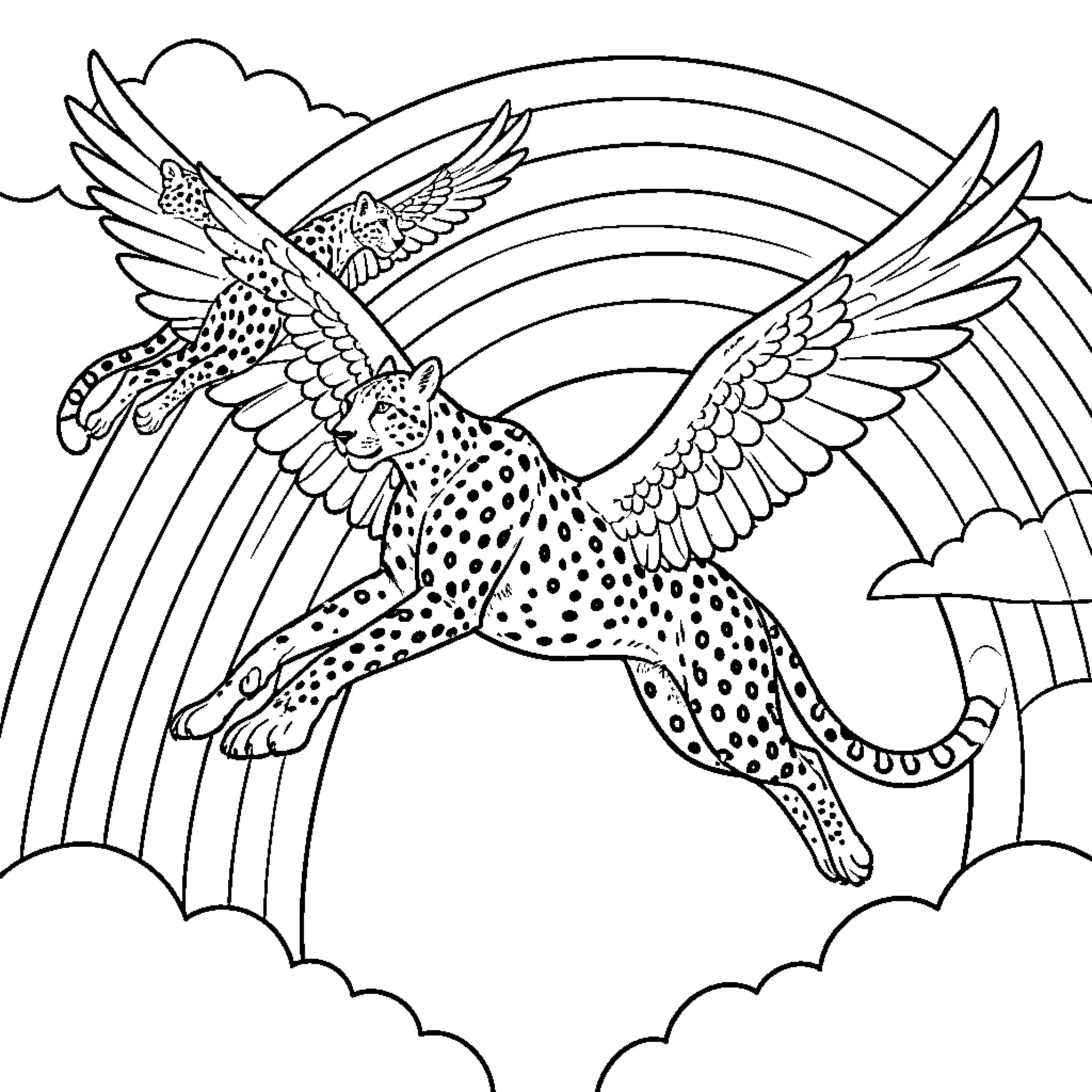 Cheetah soaring through the sky with wings Coloring Page (free black-and-white line drawing printable PDF for all, from beginners to advanced learners, including children, teens, adults, and seniors)