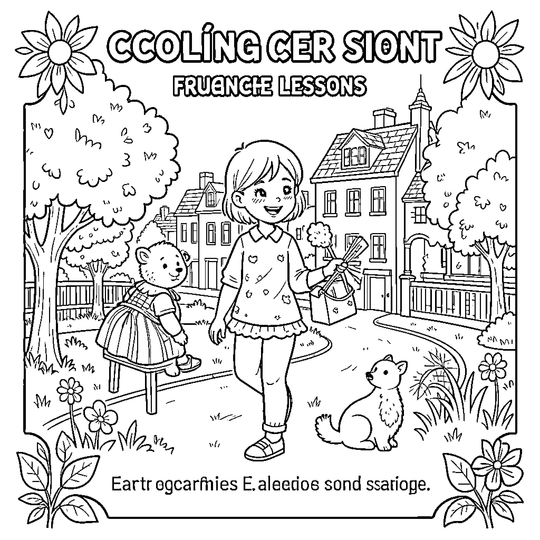 French Lessons featuring children playing outdoors in a village Coloring Page (free black-and-white line drawing printable PDF for all, from beginners to advanced learners, including children, teens, adults, and seniors)