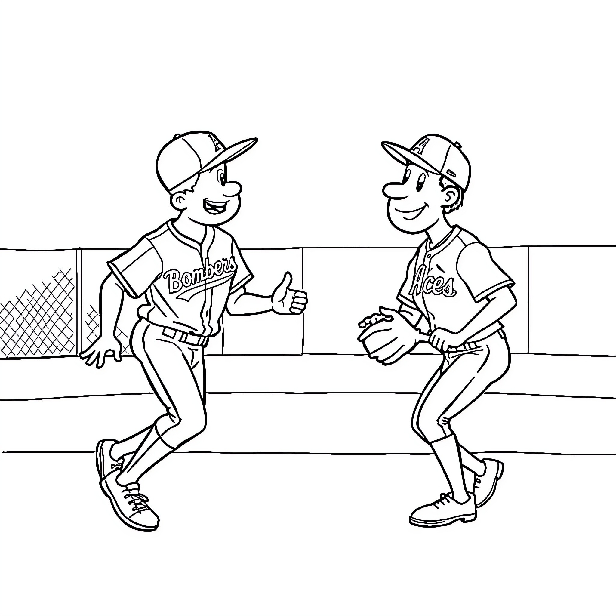 Baseball Players Engaged in Friendly Competition Coloring Page (free black-and-white line drawing printable PDF for all, from beginners to advanced learners, including children, teens, adults, and seniors)