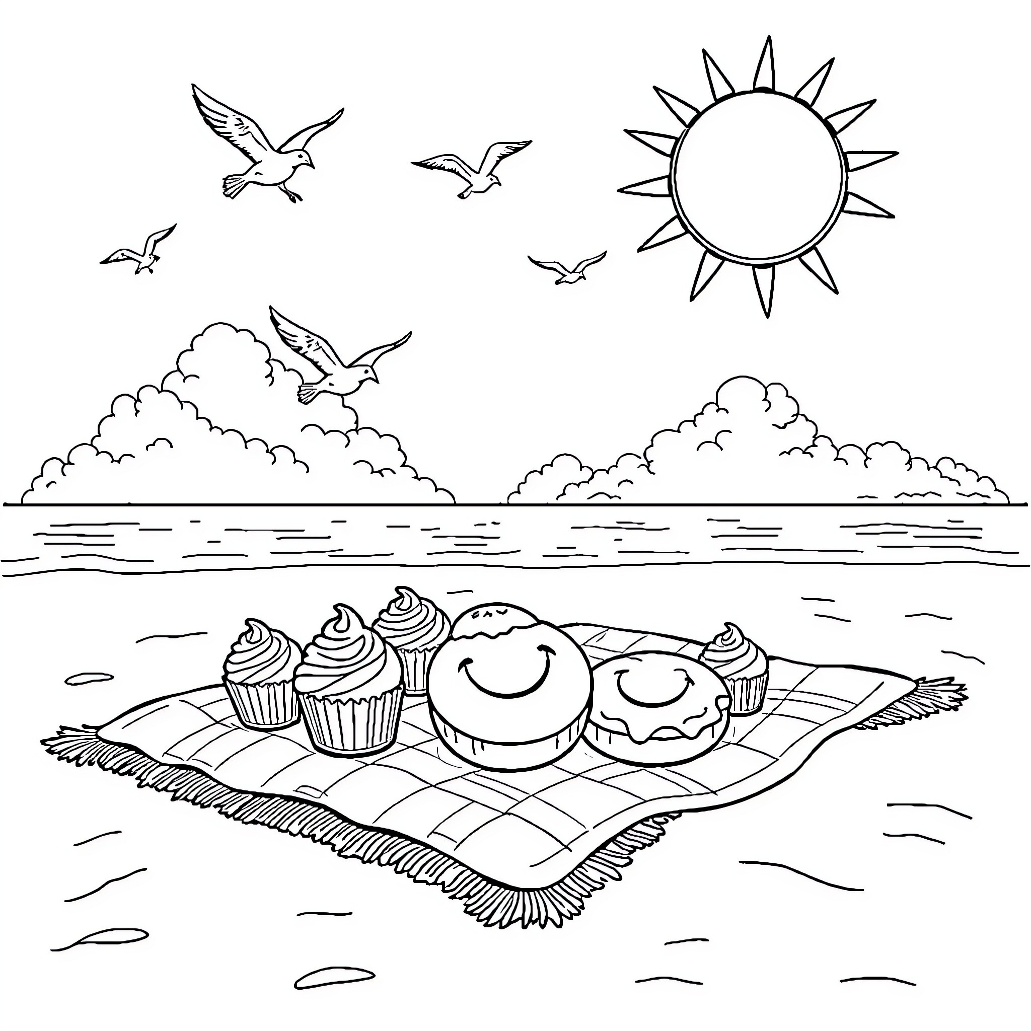 Smiley Face Picnic by the Beach Coloring Page (free black-and-white line drawing printable PDF for all, from beginners to advanced learners, including children, teens, adults, and seniors)