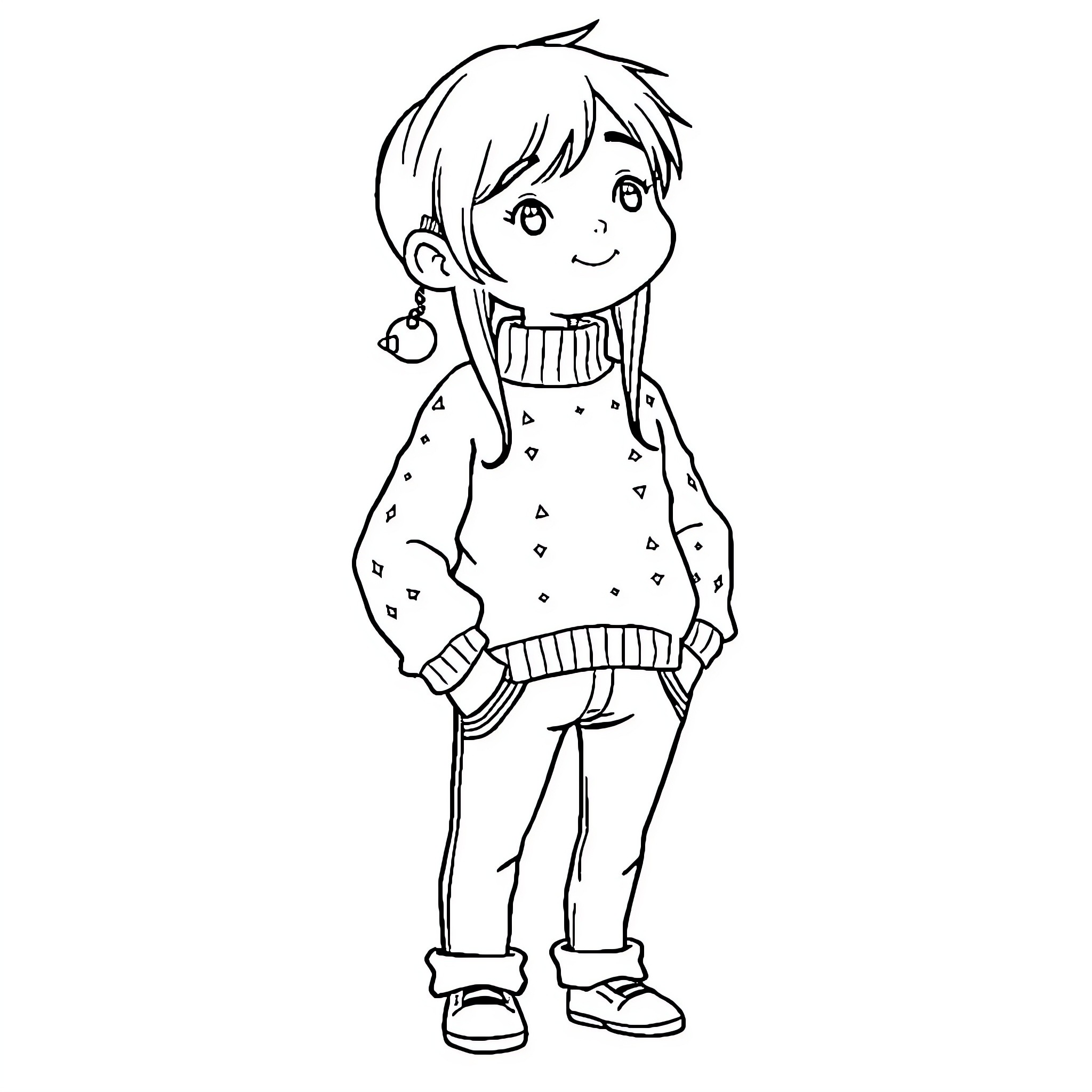 Person wearing patterned sweater and smiling Coloring Page (free black-and-white line drawing printable PDF for all, from beginners to advanced learners, including children, teens, adults, and seniors)