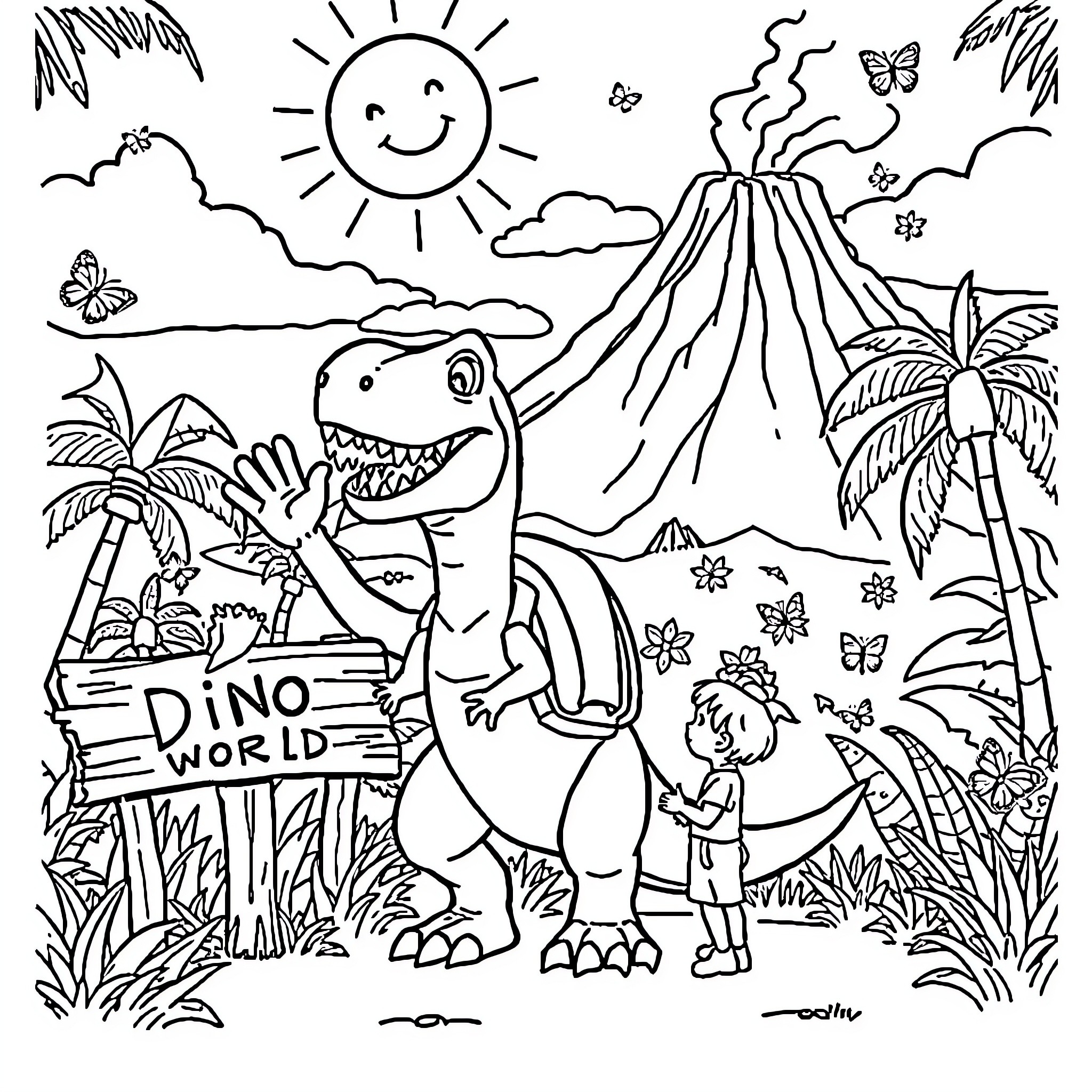 Dinosaur World: A Playful Prehistoric Adventure Coloring Page (free black-and-white line drawing printable PDF for all, from beginners to advanced learners, including children, teens, adults, and seniors)