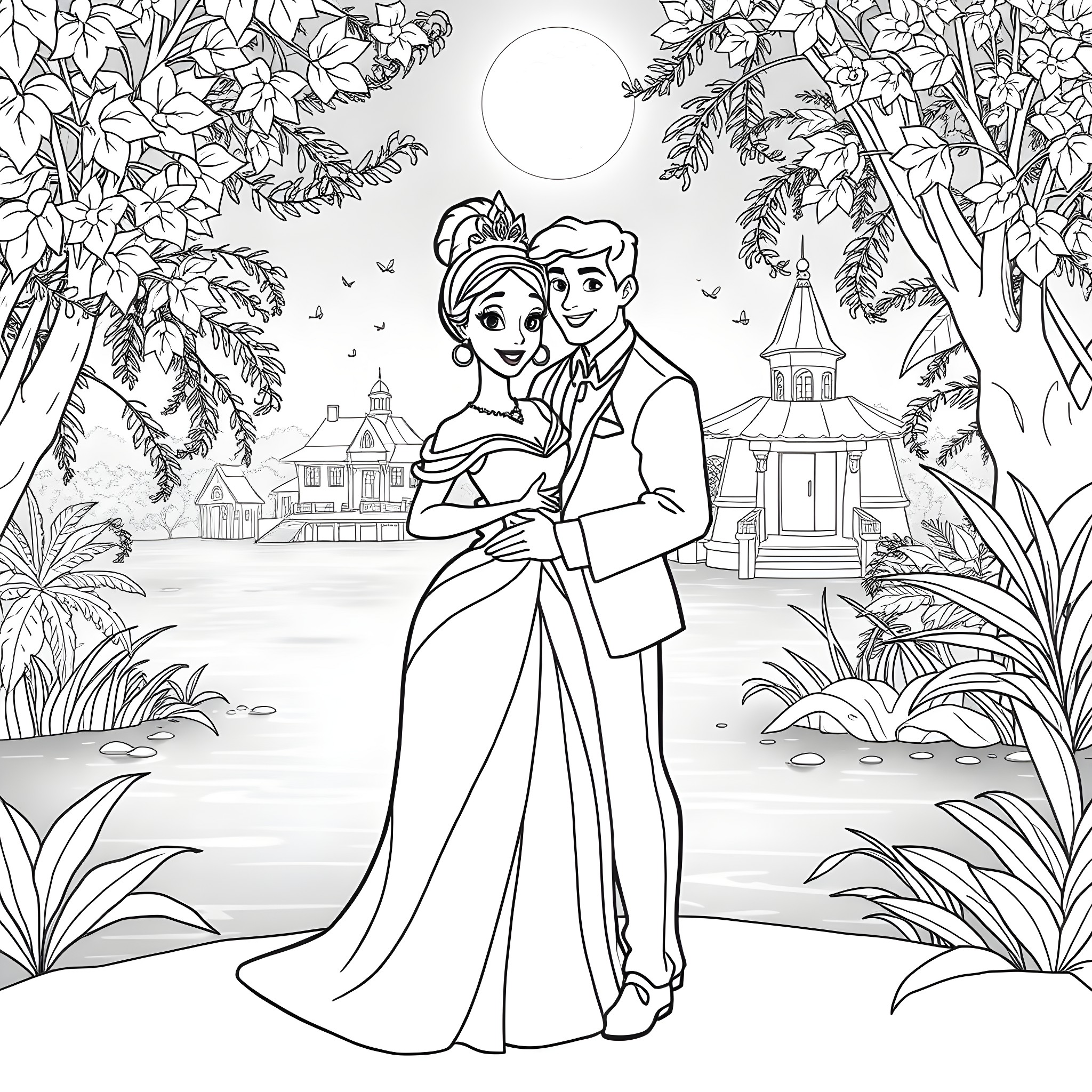 Tiana and Prince Naveen's romantic dance in the moonlit garden Coloring Page (free black-and-white line drawing printable PDF for all, from beginners to advanced learners, including children, teens, adults, and seniors)