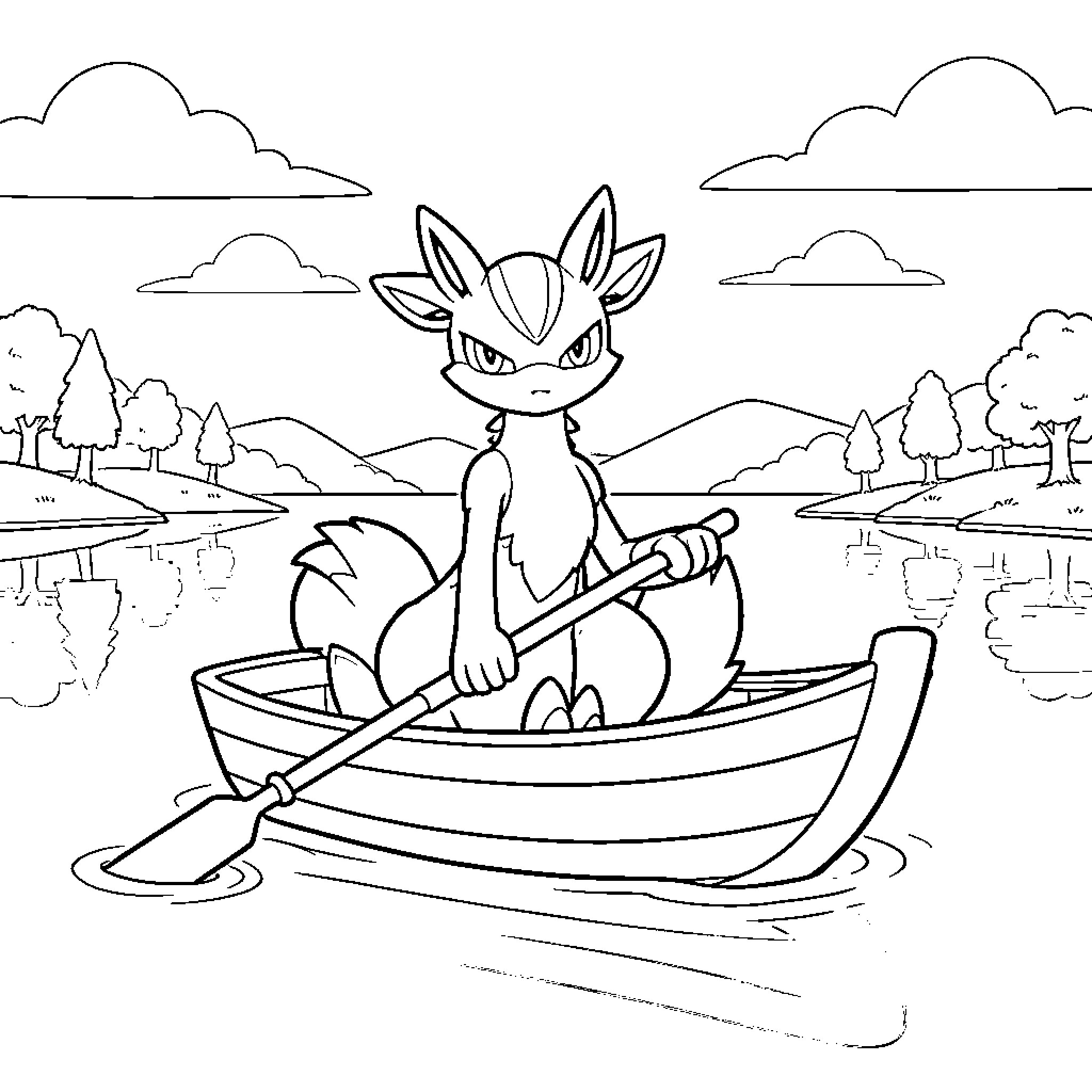 Lucario sitting in a small boat on a lake Coloring Page (free black-and-white line drawing printable PDF for all, from beginners to advanced learners, including children, teens, adults, and seniors)
