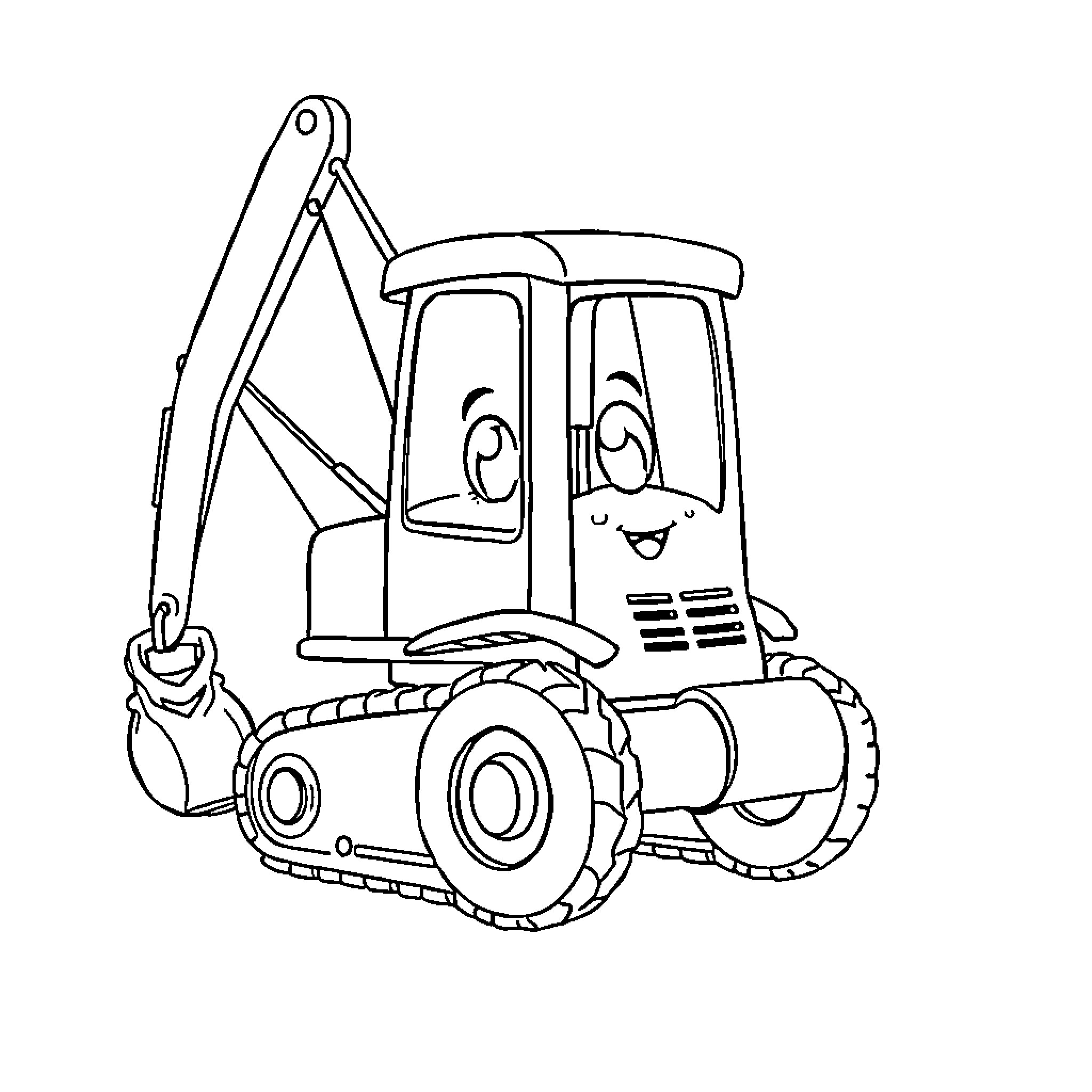 Excavator performing cheerful work Coloring Page (free black-and-white line drawing printable PDF for all, from beginners to advanced learners, including children, teens, adults, and seniors)