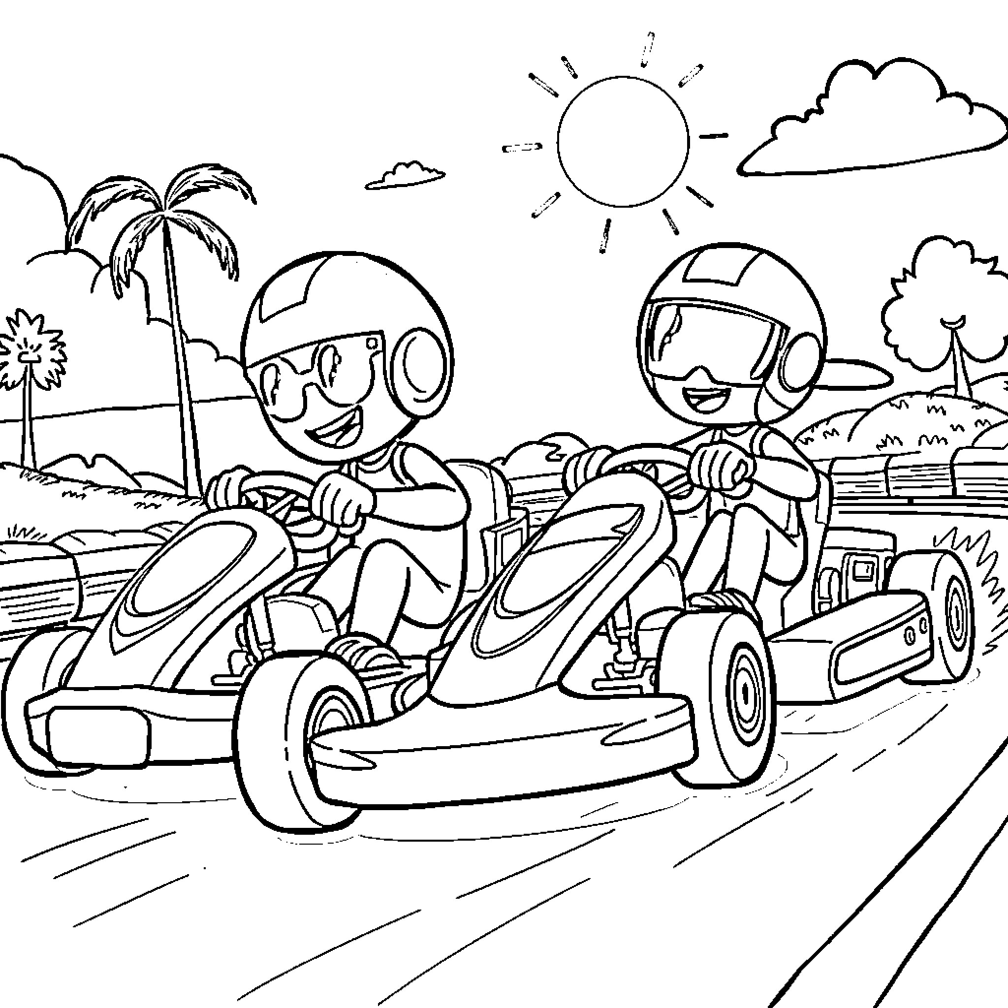 Bluey racing on go-karts in a sunny park Coloring Page (free black-and-white line drawing printable PDF for all, from beginners to advanced learners, including children, teens, adults, and seniors)