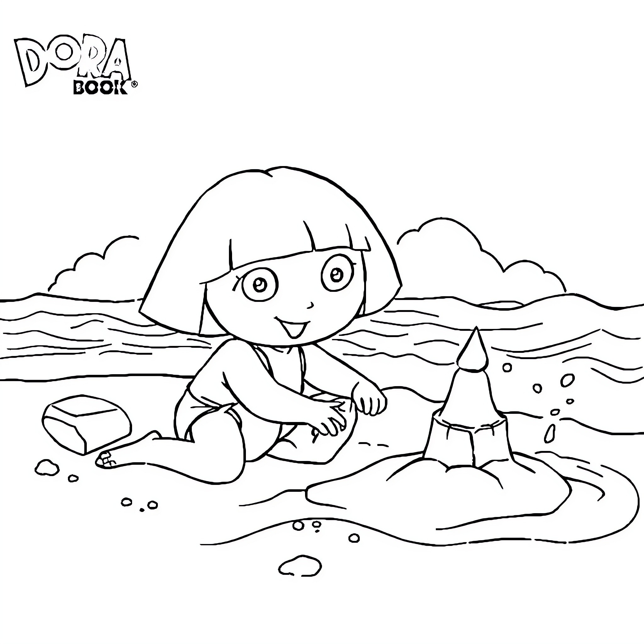 Dora playing on the beach with her friends Coloring Page (free black-and-white line drawing printable PDF for all, from beginners to advanced learners, including children, teens, adults, and seniors)