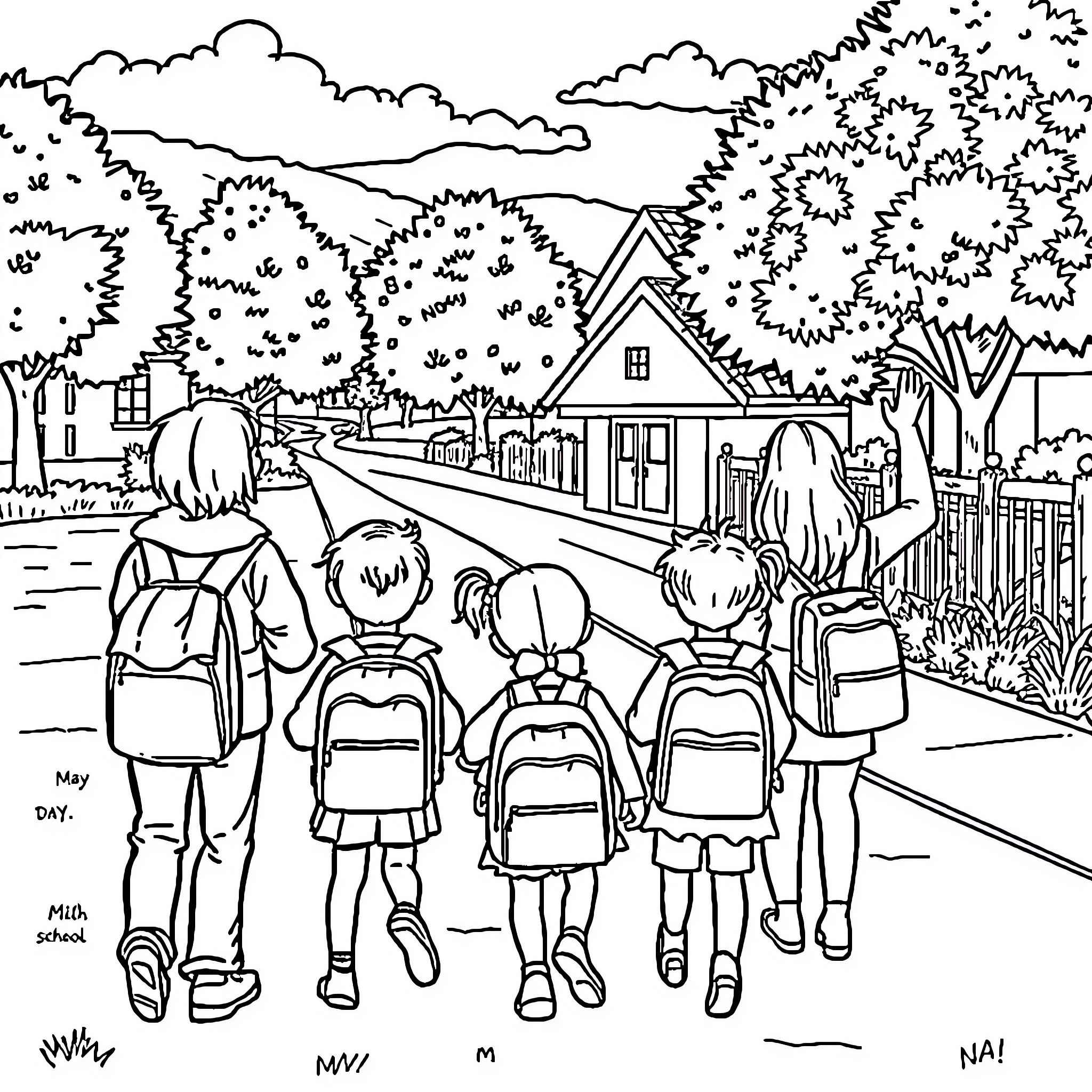 School children walking on a path to school Coloring Page (free black-and-white line drawing printable PDF for all, from beginners to advanced learners, including children, teens, adults, and seniors)