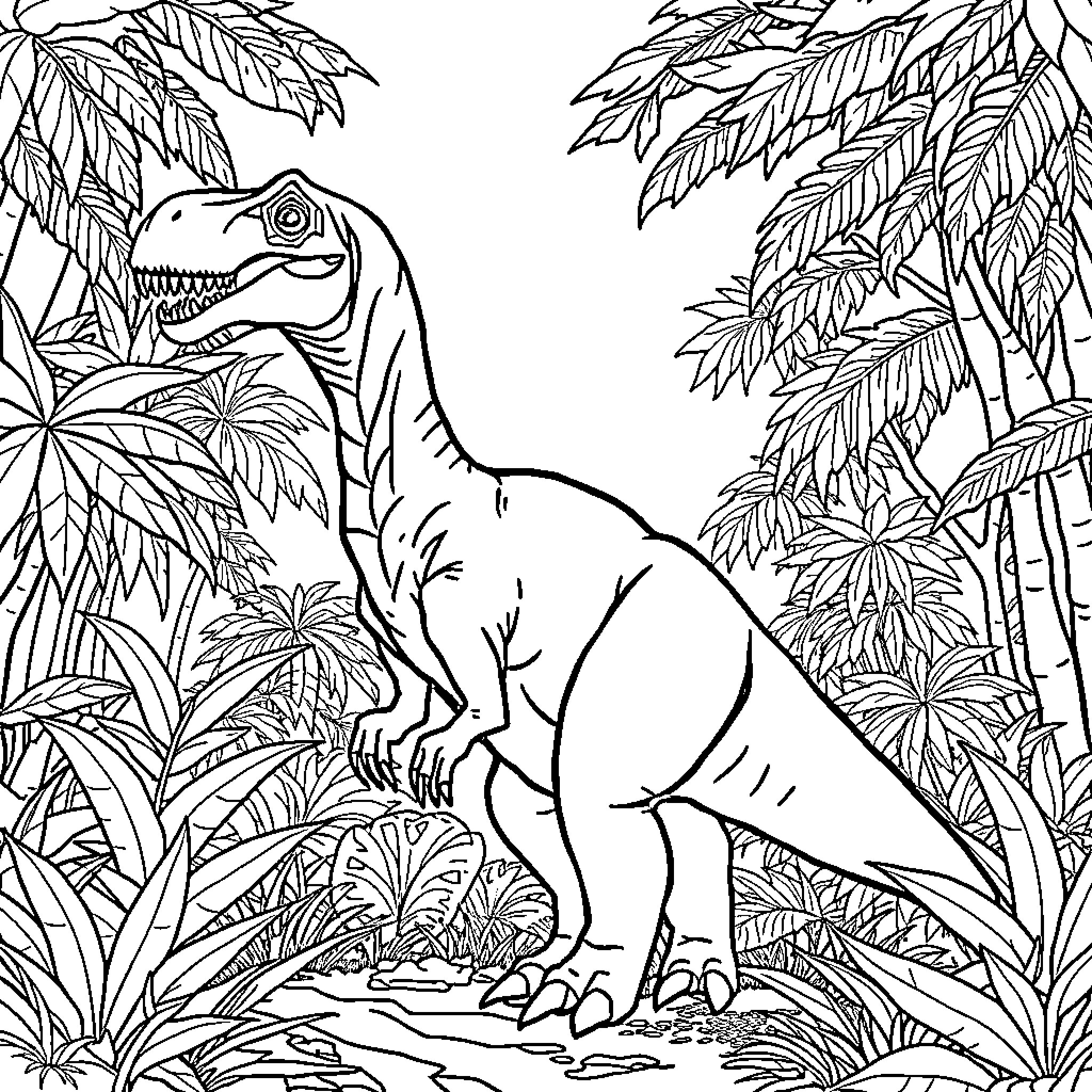 Dinosaur in lush jungle foliage Coloring Page (free black-and-white line drawing printable PDF for all, from beginners to advanced learners, including children, teens, adults, and seniors)