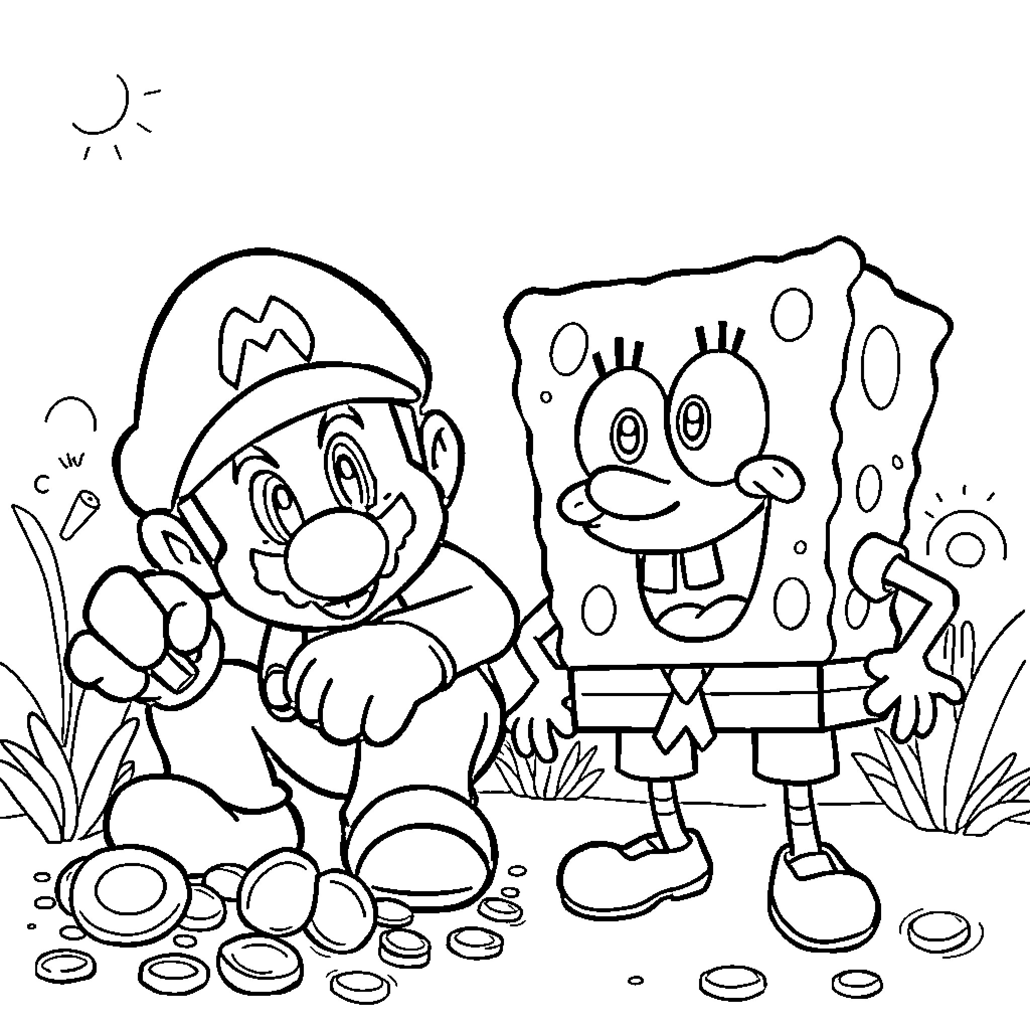 Mario and SpongeBob in a Playful Scene Coloring Page (free black-and-white line drawing printable PDF for all, from beginners to advanced learners, including children, teens, adults, and seniors)