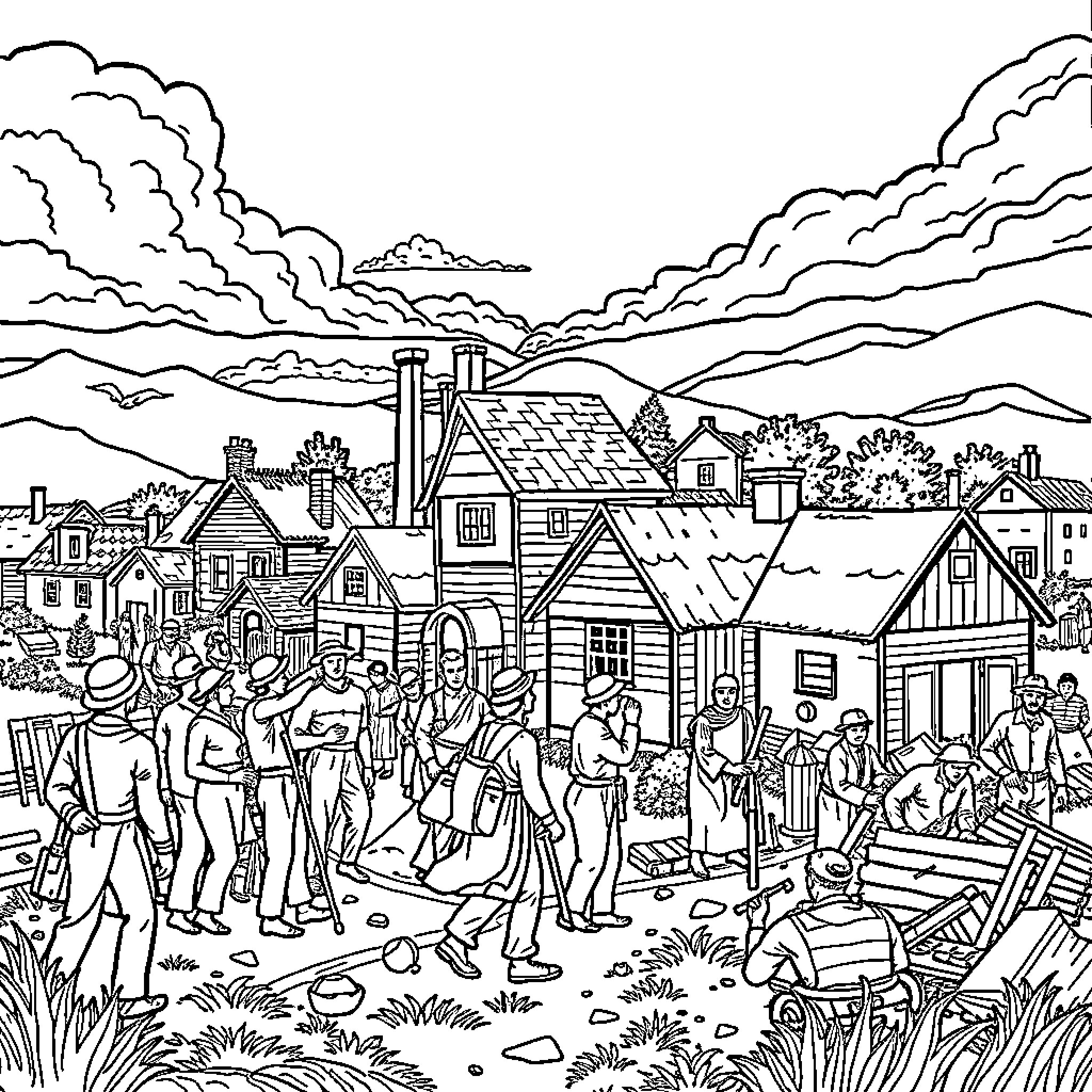 Reconstruction of a Historic Community Gathering Coloring Page (free black-and-white line drawing printable PDF for all, from beginners to advanced learners, including children, teens, adults, and seniors)