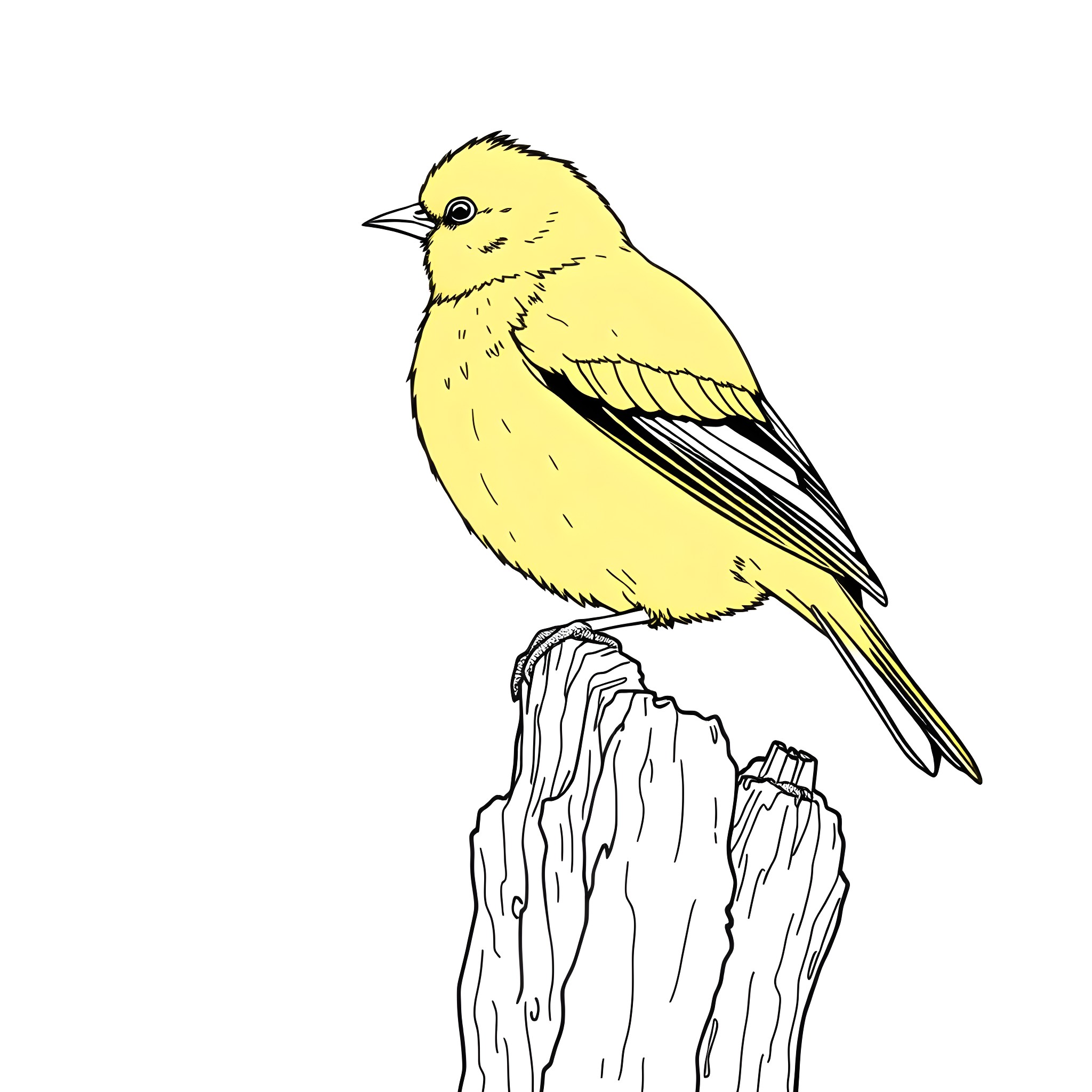 Saffron Finch perched on a wooden stump Coloring Page (free black-and-white line drawing printable PDF for all, from beginners to advanced learners, including children, teens, adults, and seniors)