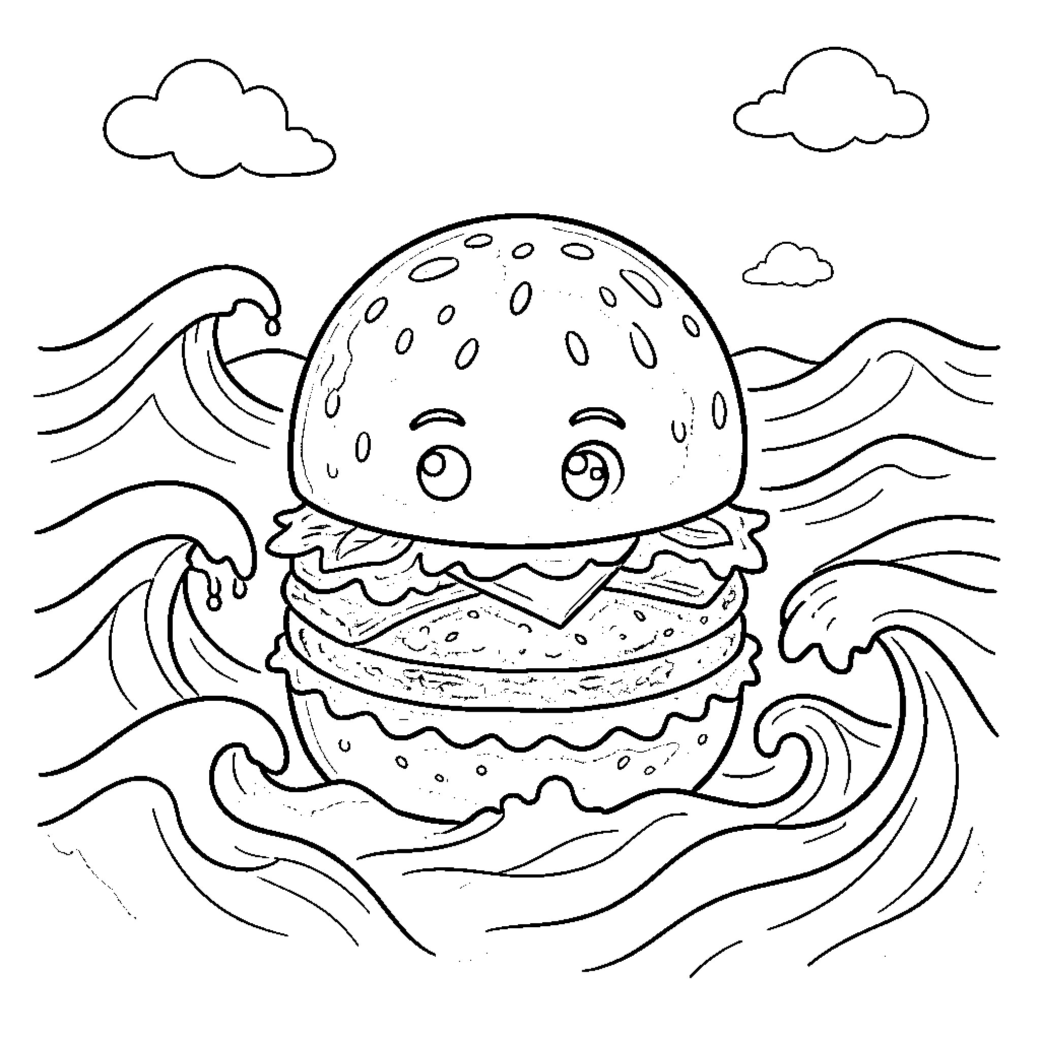 Merman Burger Surfing in the Ocean Coloring Page (free black-and-white line drawing printable PDF for all, from beginners to advanced learners, including children, teens, adults, and seniors)