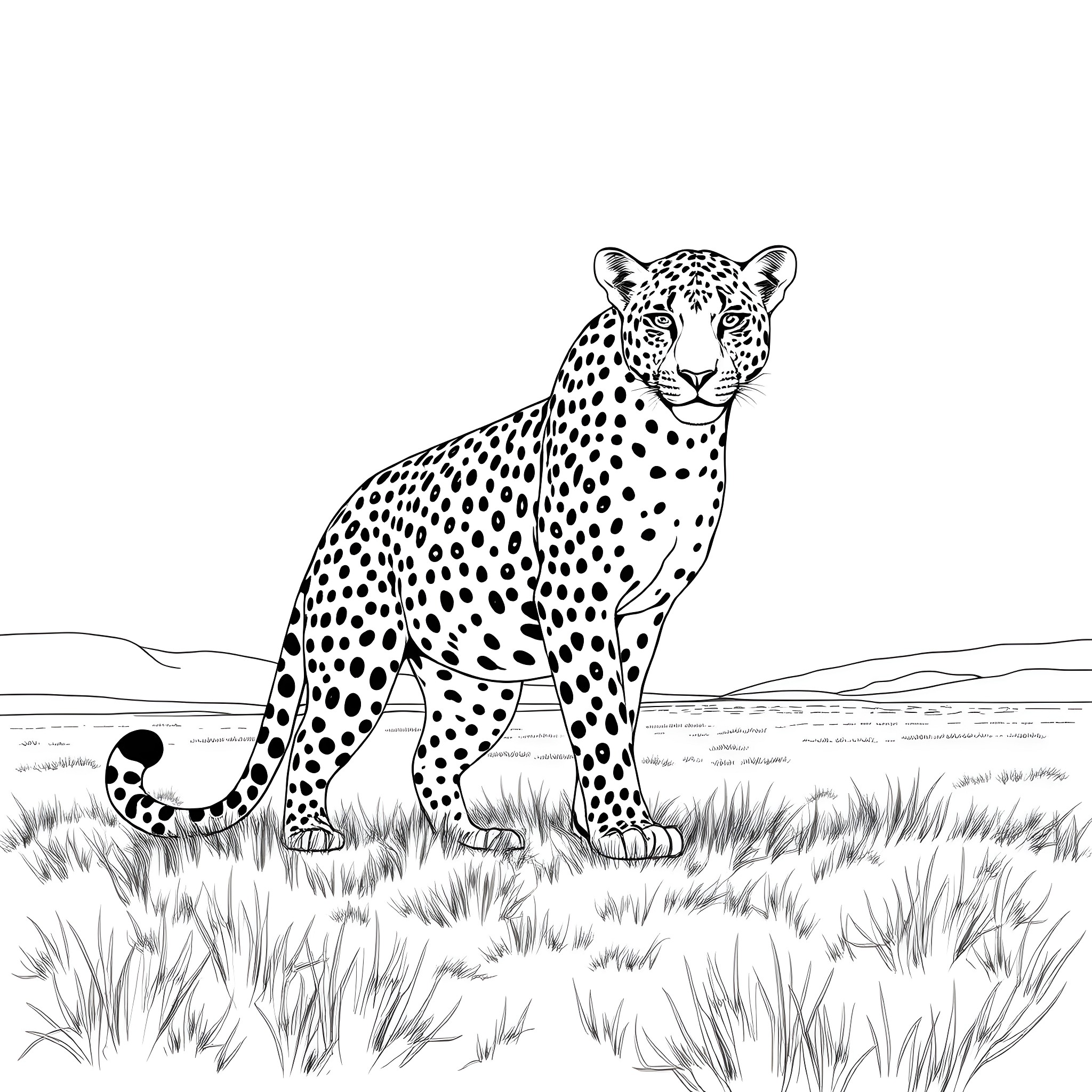 Leopard standing alert in the grasslands Coloring Page (free black-and-white line drawing printable PDF for all, from beginners to advanced learners, including children, teens, adults, and seniors)