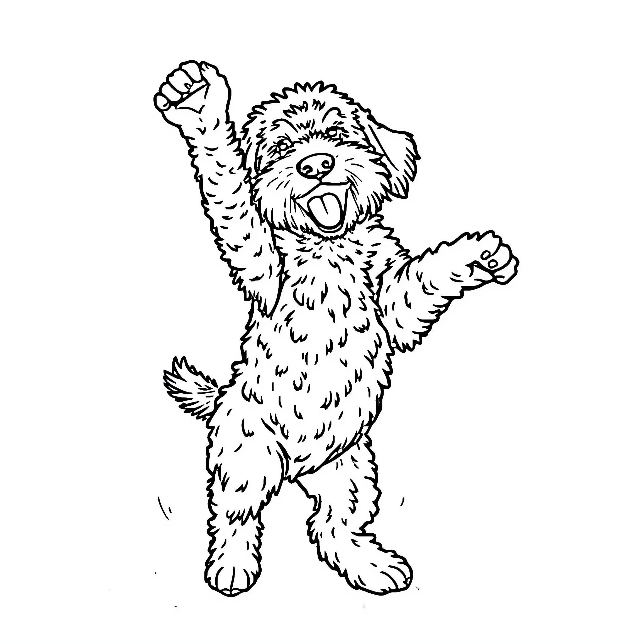 Labradoodle happily jumping and playing Coloring Page (free black-and-white line drawing printable PDF for all, from beginners to advanced learners, including children, teens, adults, and seniors)