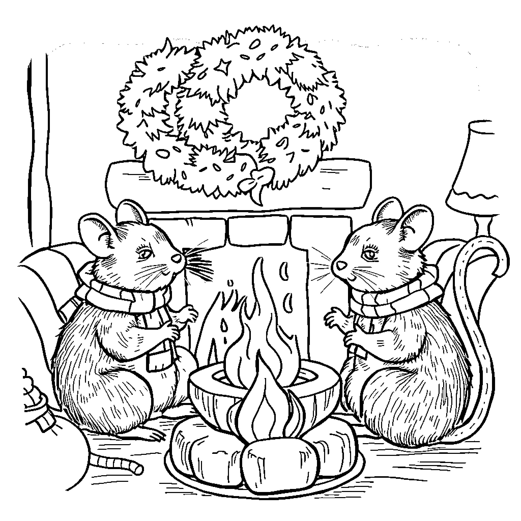 Raccoon friends enjoying a cozy fireplace Coloring Page (free black-and-white line drawing printable PDF for all, from beginners to advanced learners, including children, teens, adults, and seniors)