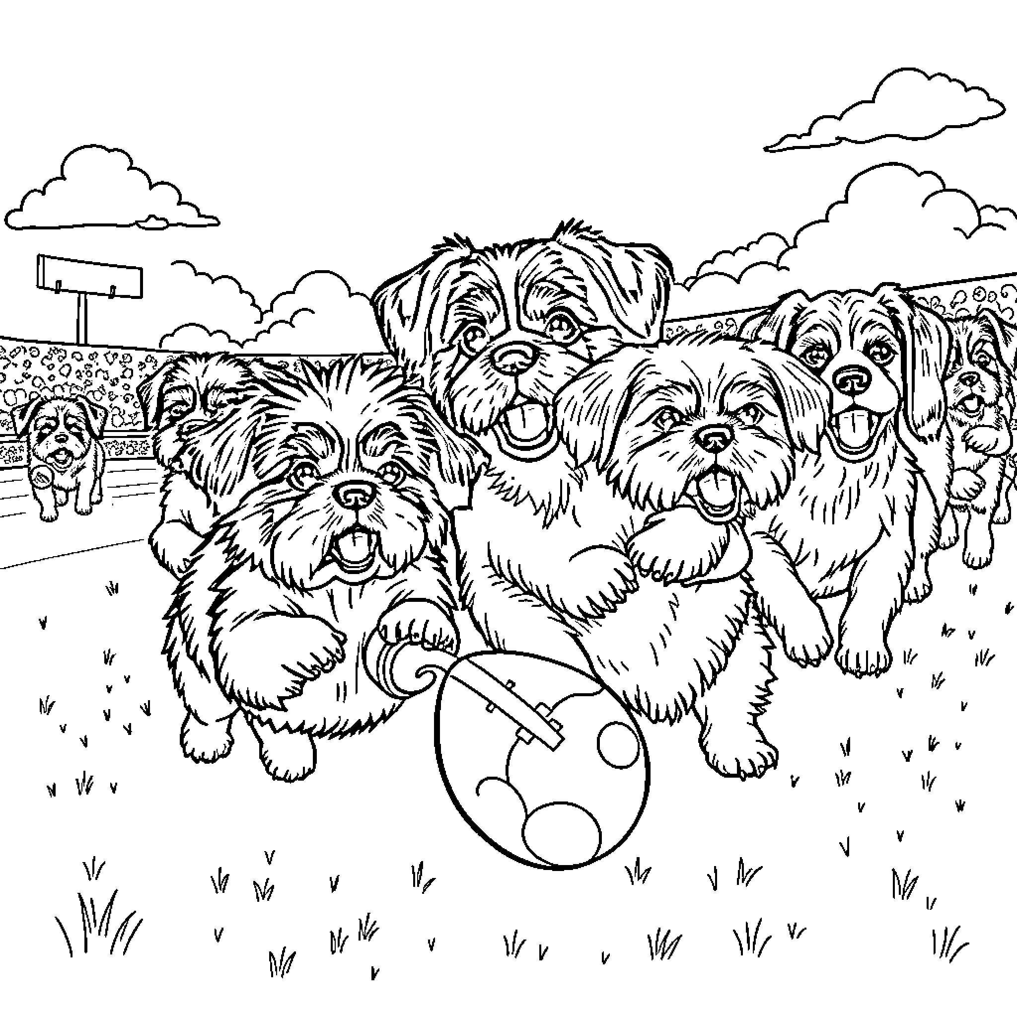 Dog playing with friends in the park Coloring Page (free black-and-white line drawing printable PDF for all, from beginners to advanced learners, including children, teens, adults, and seniors)