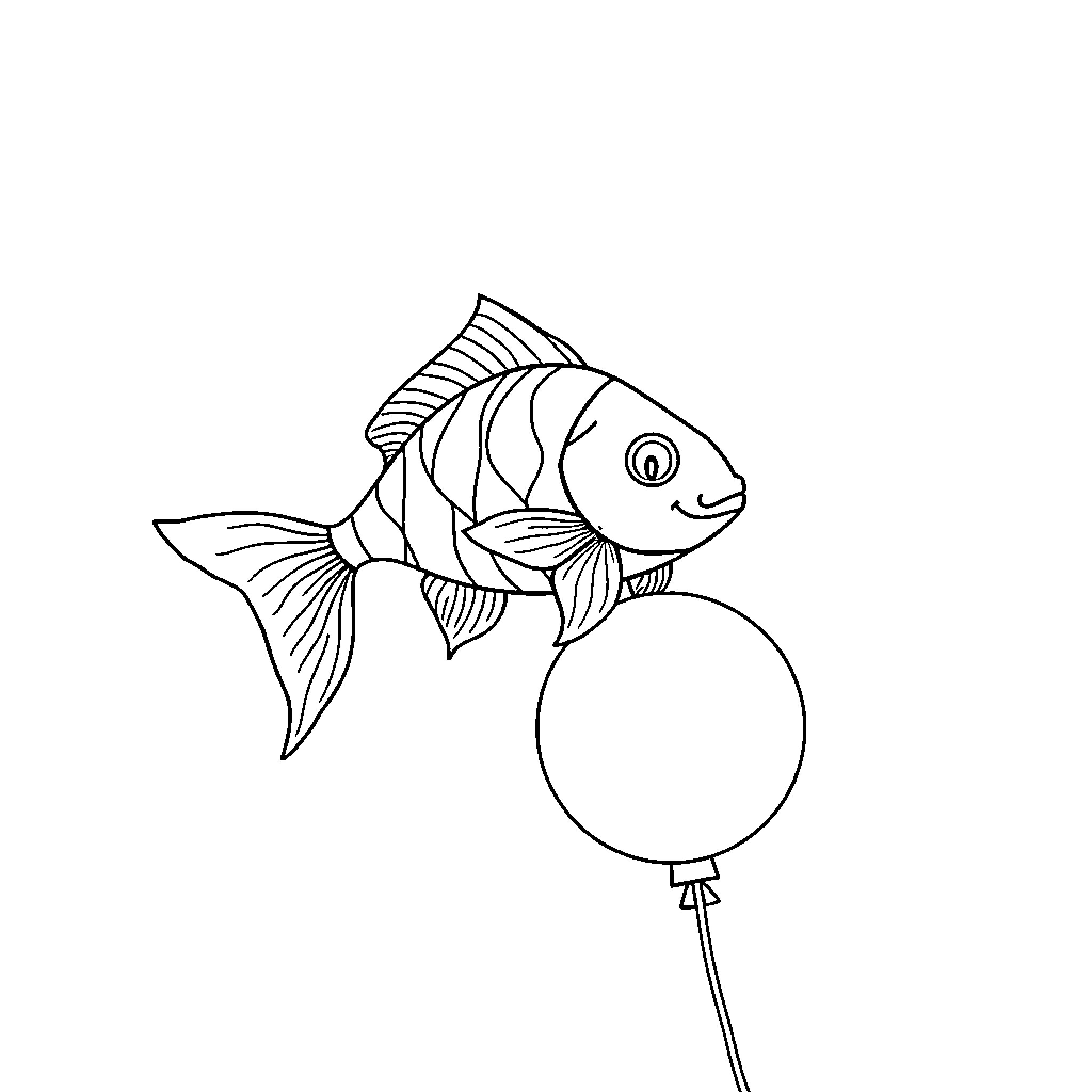 Fish swimming with balloon Coloring Page (free black-and-white line drawing printable PDF for all, from beginners to advanced learners, including children, teens, adults, and seniors)