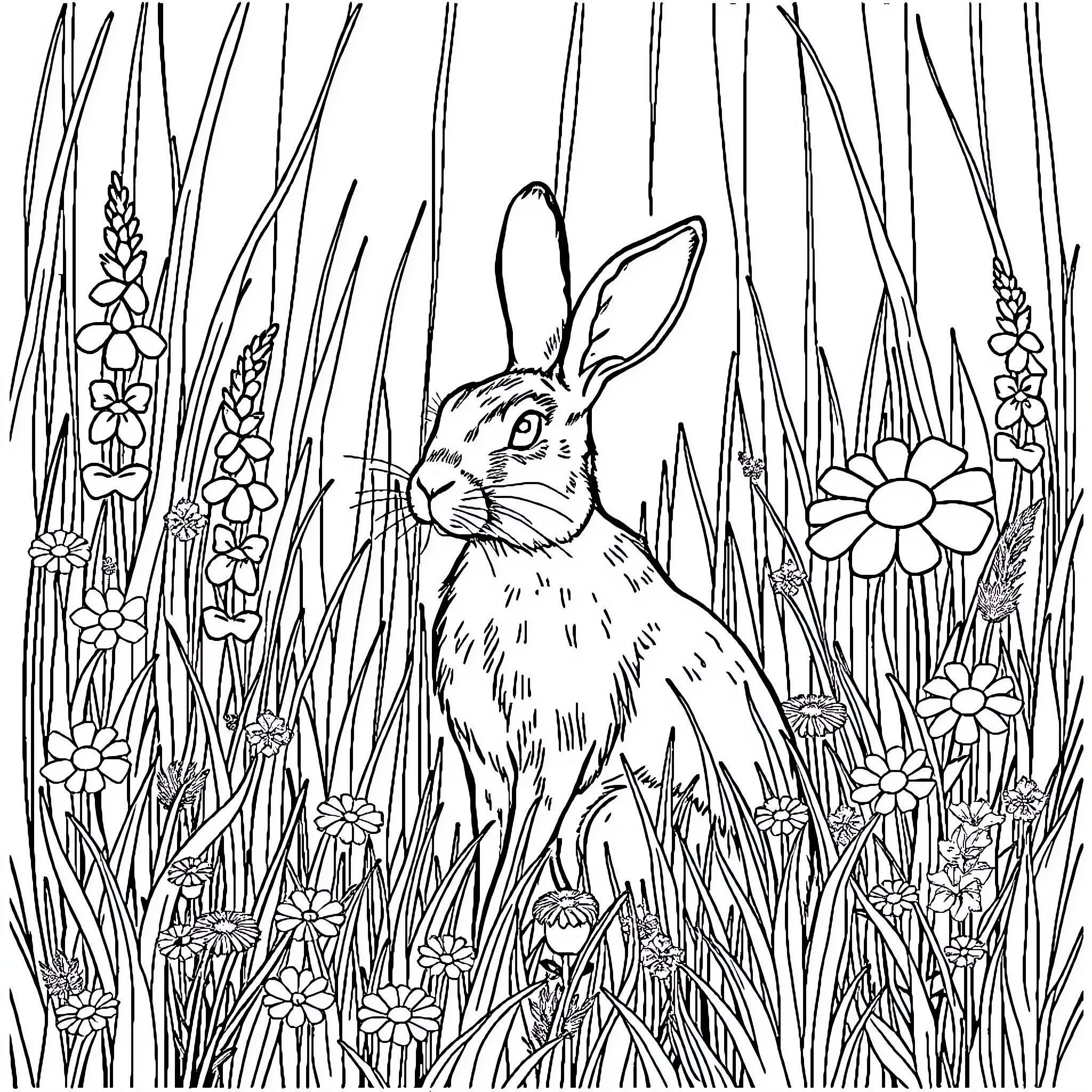 Hare sitting amidst flowers and plants Coloring Page (free black-and-white line drawing printable PDF for all, from beginners to advanced learners, including children, teens, adults, and seniors)