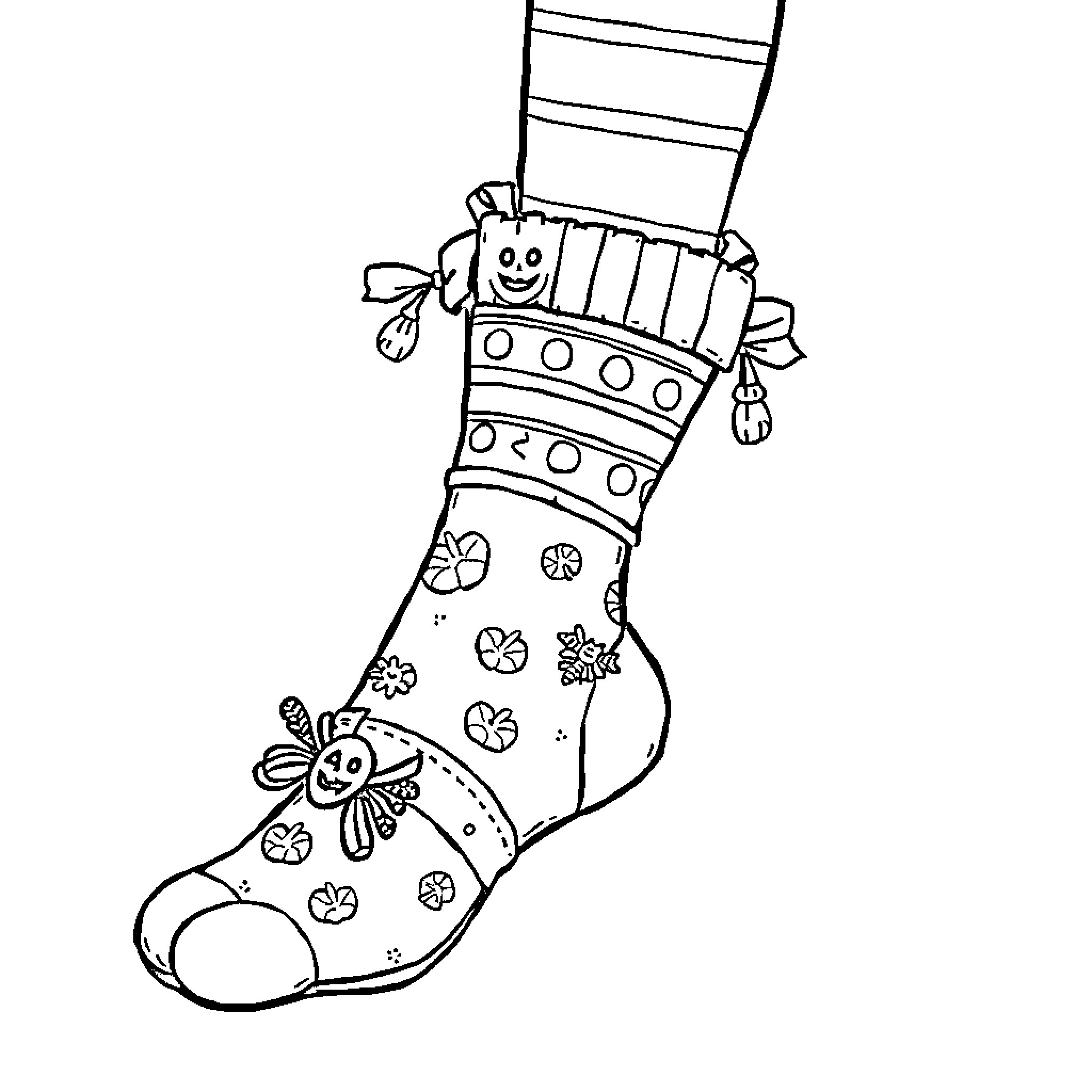 Foot-shaped Christmas stocking with festive designs Coloring Page (free black-and-white line drawing printable PDF for all, from beginners to advanced learners, including children, teens, adults, and seniors)