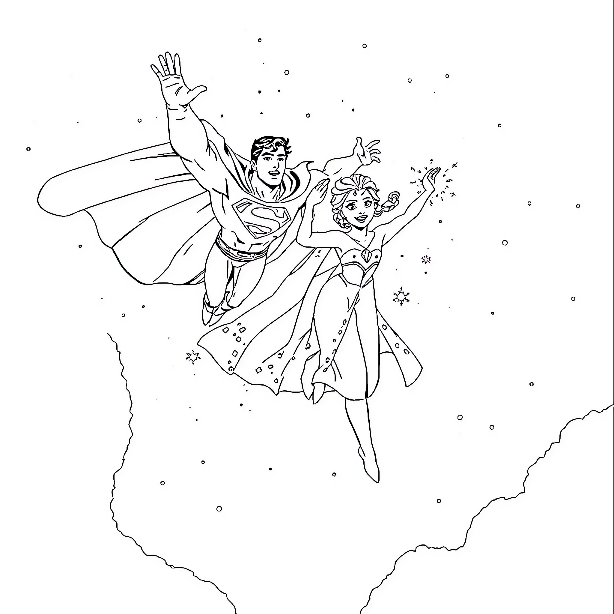 Superman and Wonder Woman fighting crime in the night sky Coloring Page (free black-and-white line drawing printable PDF for all, from beginners to advanced learners, including children, teens, adults, and seniors)