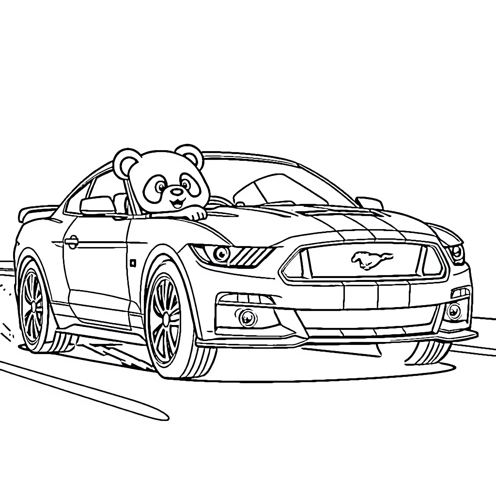 Panda enjoying a ride in a sports car Coloring Page (free black-and-white line drawing printable PDF for all, from beginners to advanced learners, including children, teens, adults, and seniors)