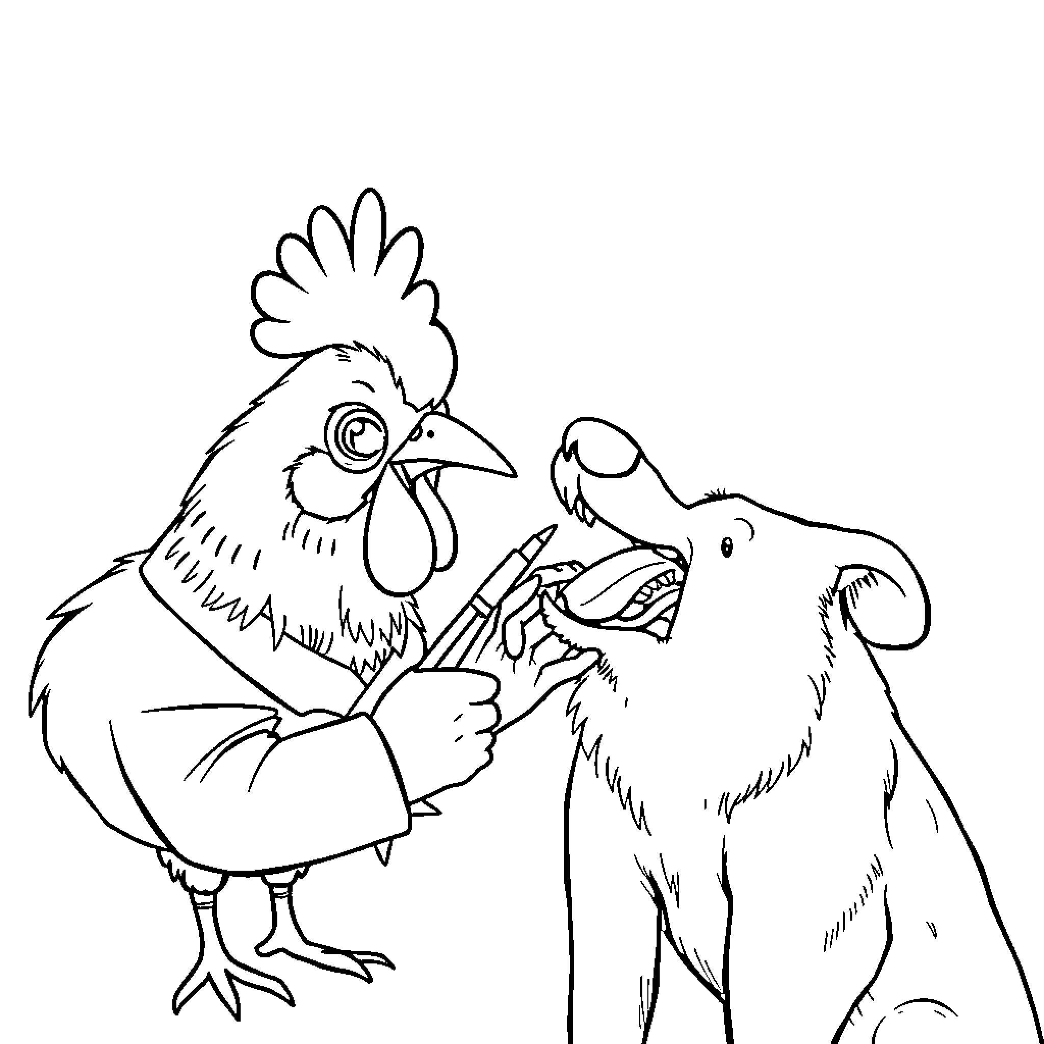 Chicken arguing with dog Coloring Page (free black-and-white line drawing printable PDF for all, from beginners to advanced learners, including children, teens, adults, and seniors)