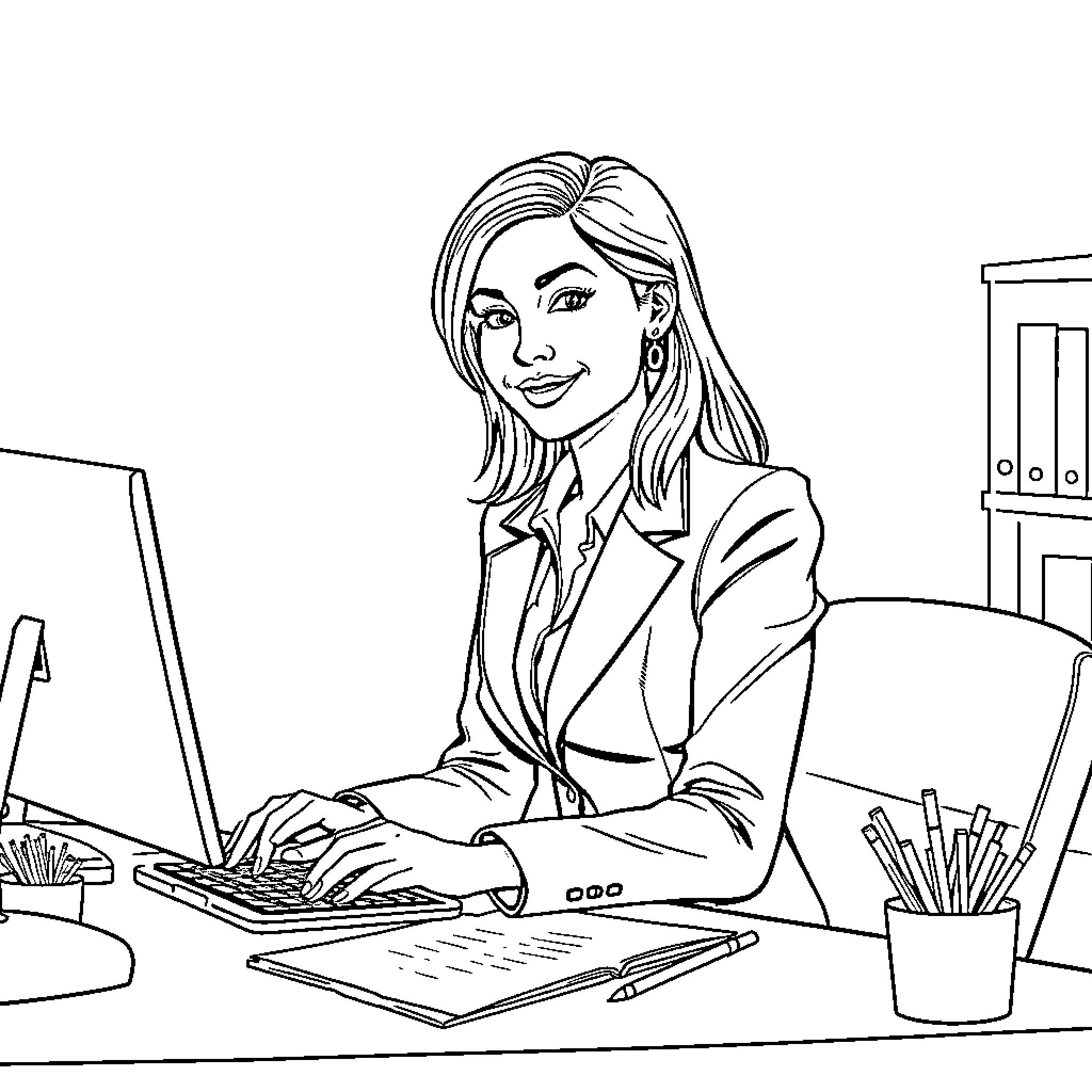 Career Lady Diligently Working at Desk Coloring Page (free black-and-white line drawing printable PDF for all, from beginners to advanced learners, including children, teens, adults, and seniors)