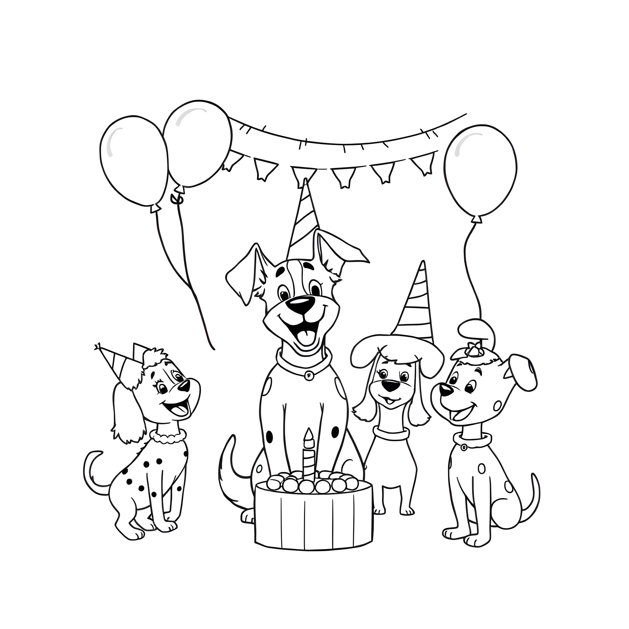 Bluey's birthday party with animal friends Coloring Page (free black-and-white line drawing printable PDF for all, from beginners to advanced learners, including children, teens, adults, and seniors)