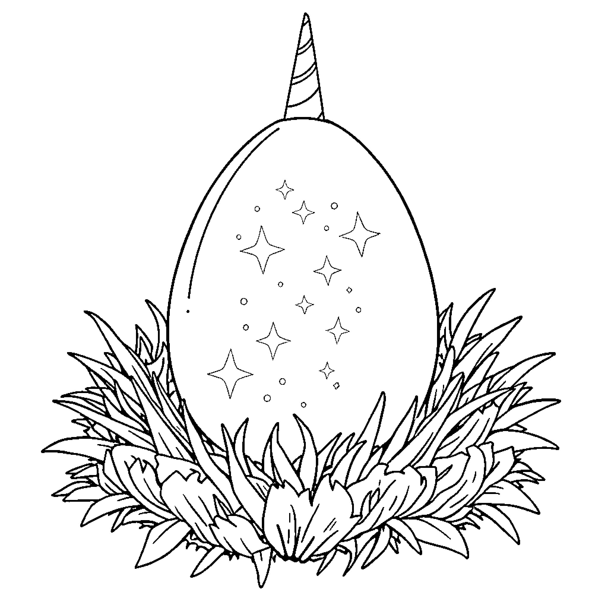 Unicorn surrounded by magical stars and foliage Coloring Page (free black-and-white line drawing printable PDF for all, from beginners to advanced learners, including children, teens, adults, and seniors)