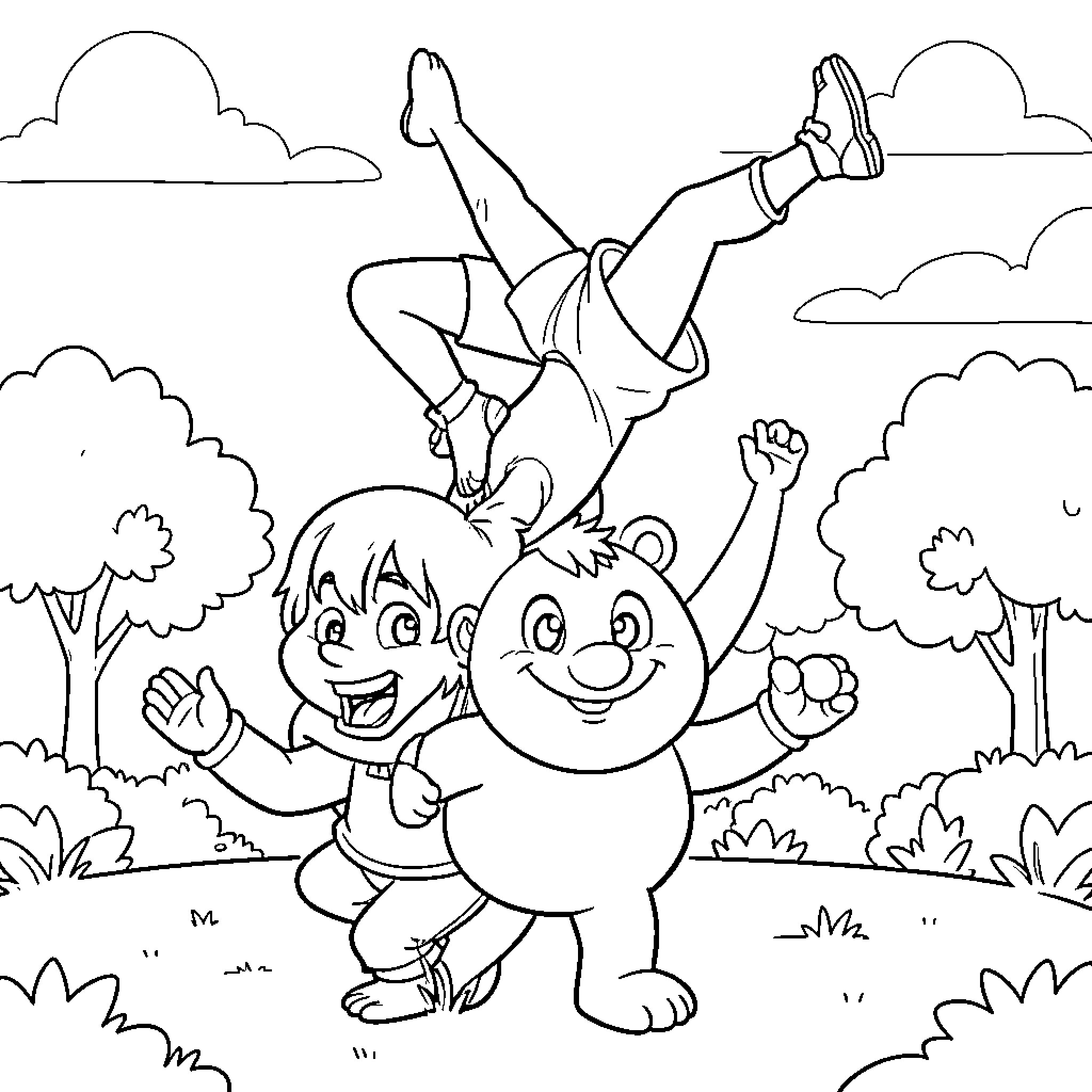Hang out playing outdoors with a cute teddy bear Coloring Page (free black-and-white line drawing printable PDF for all, from beginners to advanced learners, including children, teens, adults, and seniors)