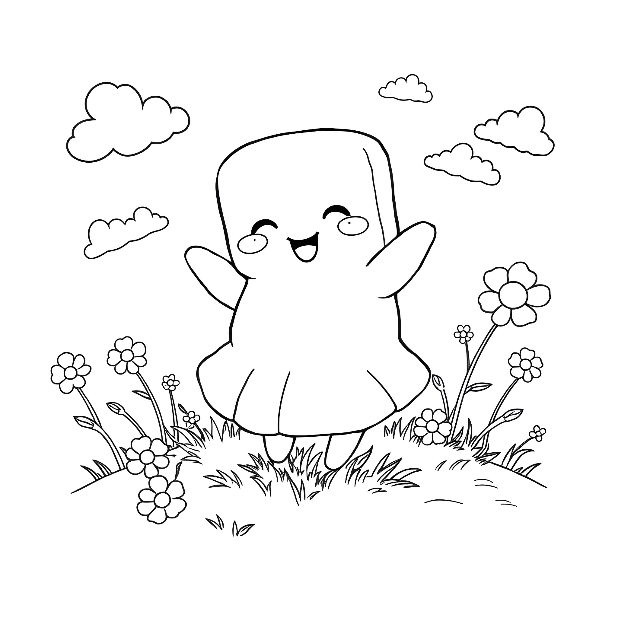 Squishmallow character in a whimsical meadow scene Coloring Page (free black-and-white line drawing printable PDF for all, from beginners to advanced learners, including children, teens, adults, and seniors)